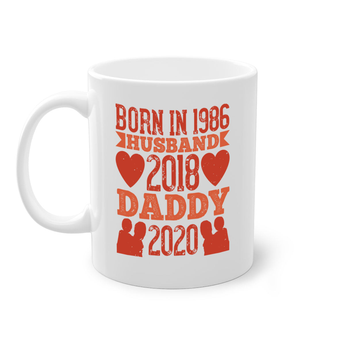 Two-tone 'Born in Husband Daddy' mug with colored handle and glossy finish, available in five colors.