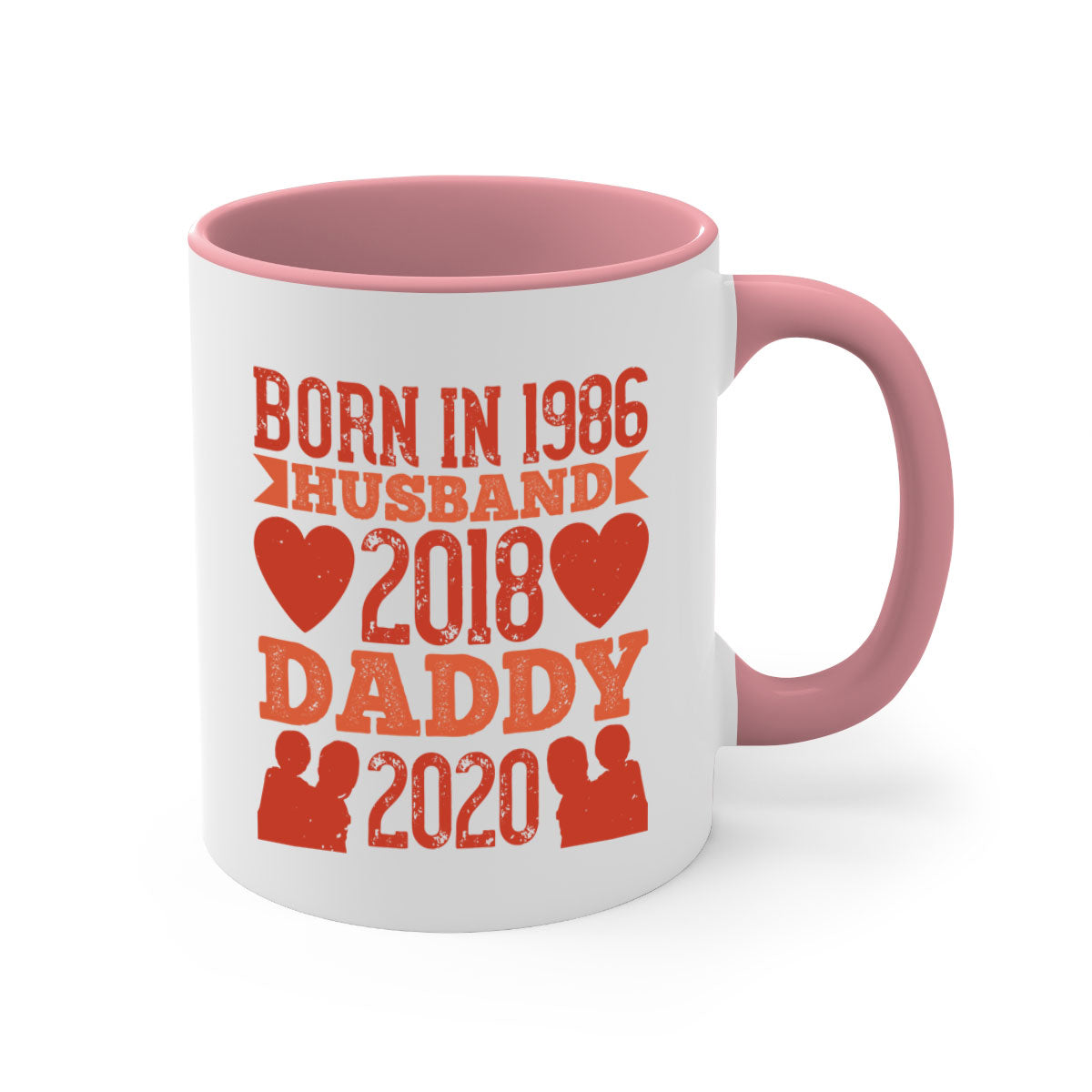 Two-tone 'Born in Husband Daddy' mug with colored handle and glossy finish, available in five colors.