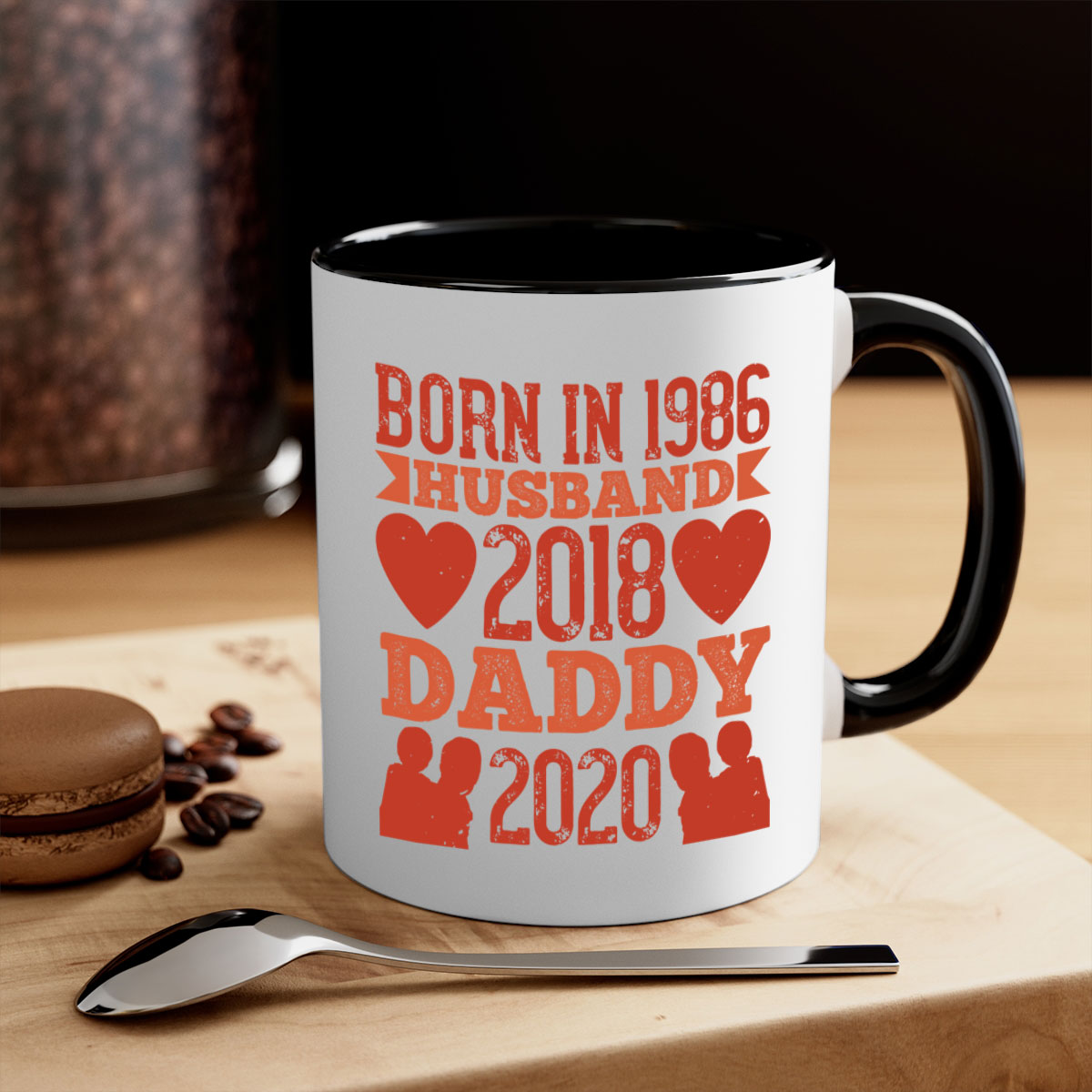 Two-tone 'Born in Husband Daddy' mug with colored handle and glossy finish, available in five colors.