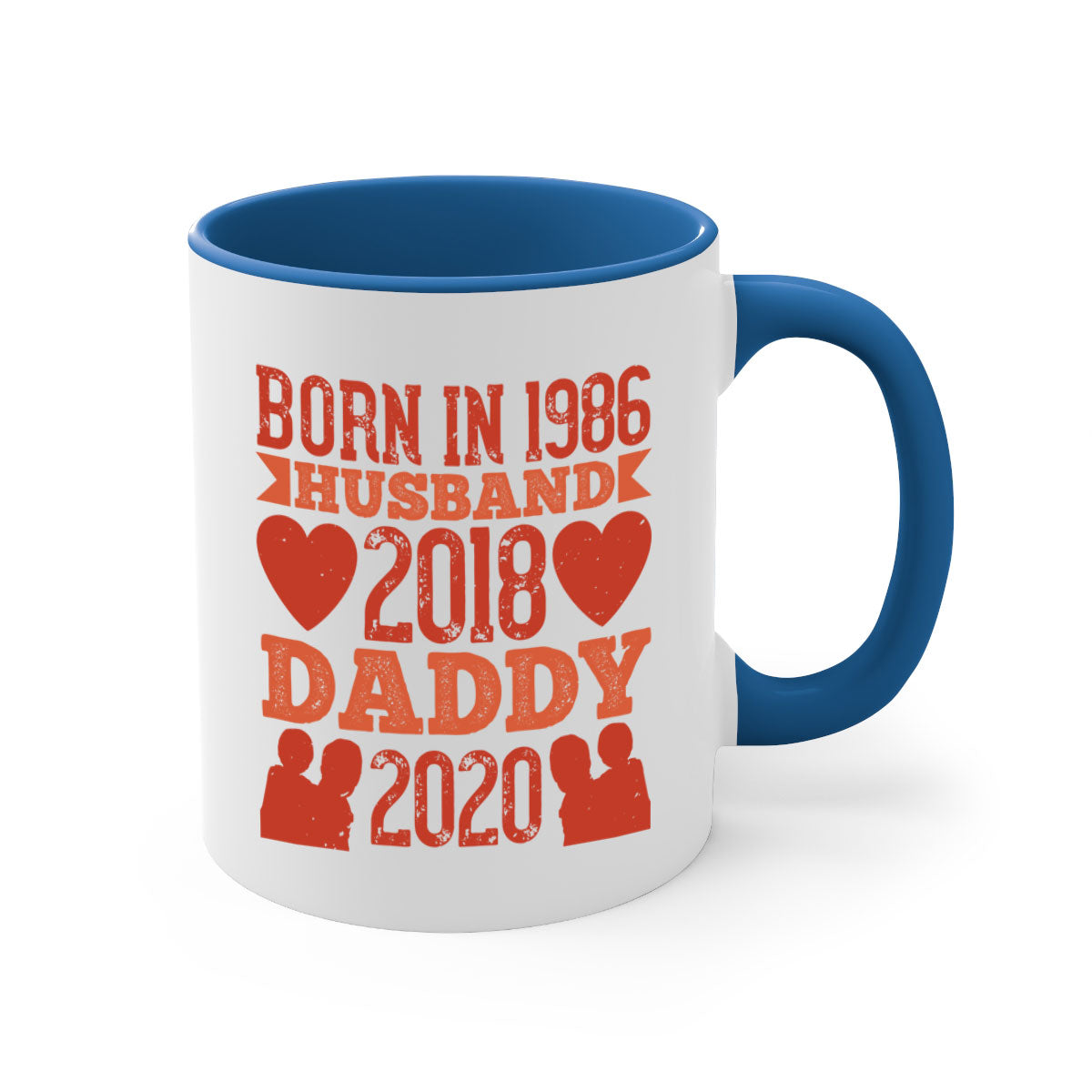 Two-tone 'Born in Husband Daddy' mug with colored handle and glossy finish, available in five colors.