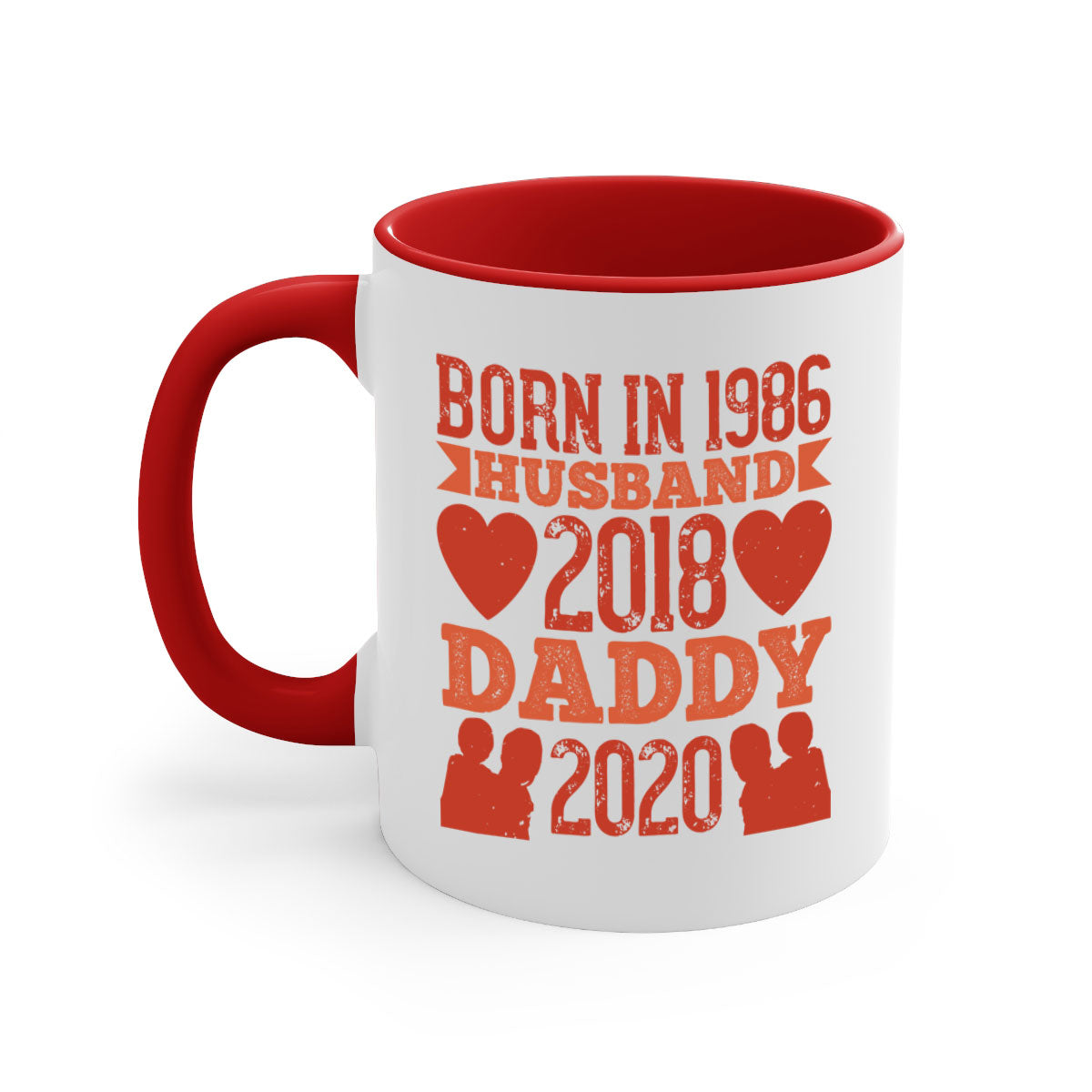 Two-tone 'Born in Husband Daddy' mug with colored handle and glossy finish, available in five colors.