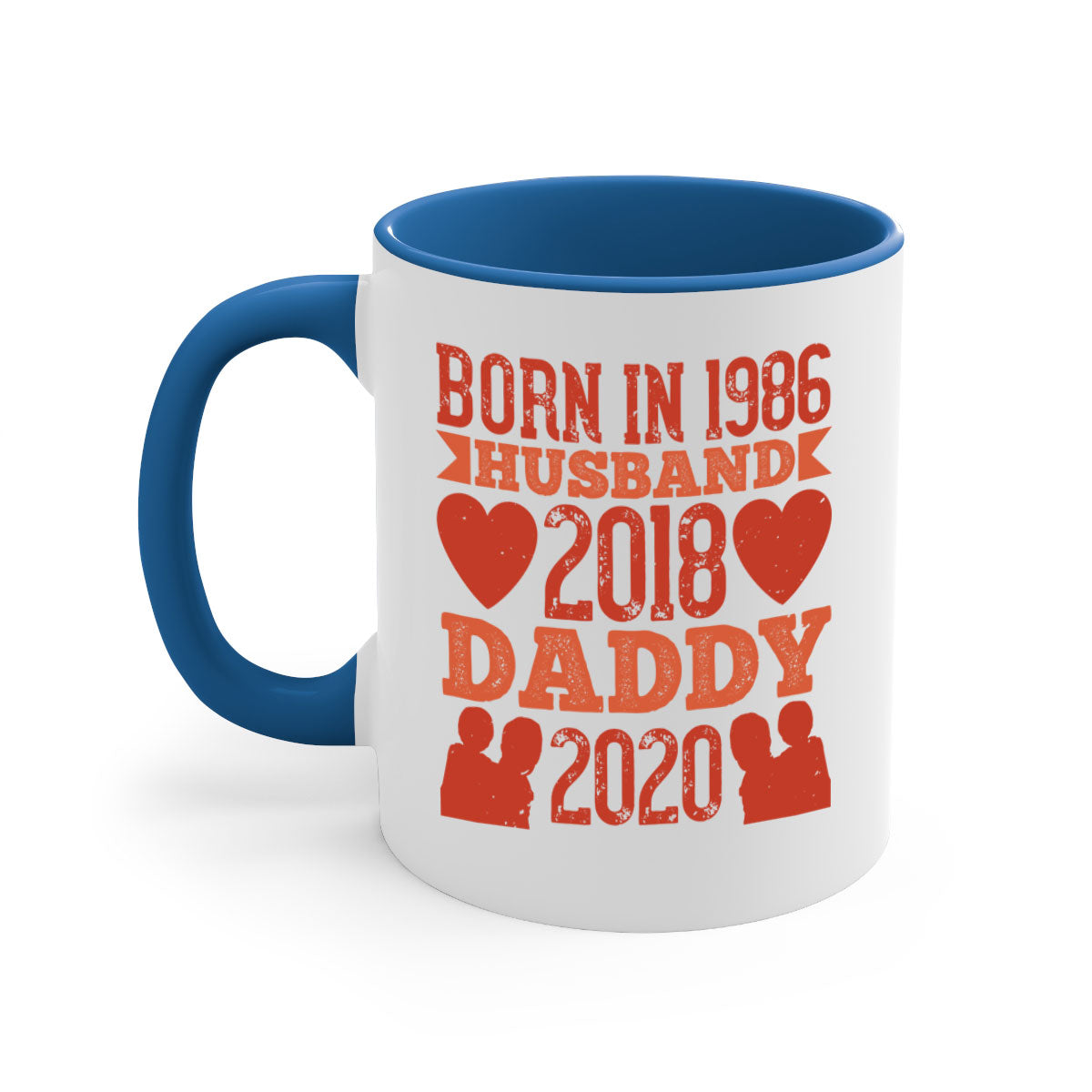 Two-tone 'Born in Husband Daddy' mug with colored handle and glossy finish, available in five colors.