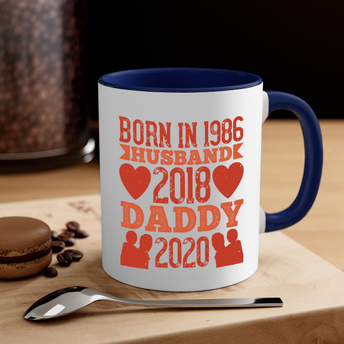 Two-tone 'Born in Husband Daddy' mug with colored handle and glossy finish, available in five colors.