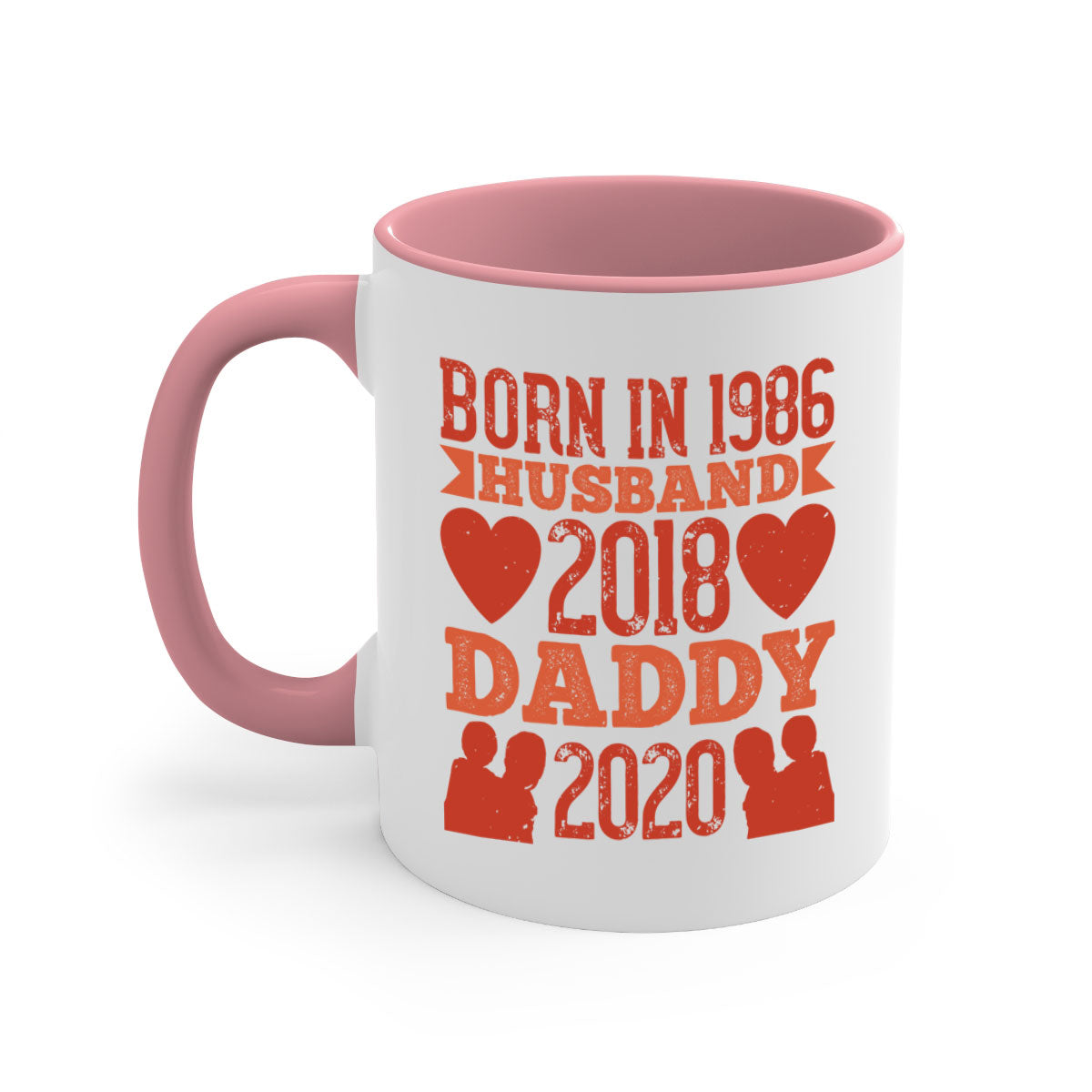 Two-tone 'Born in Husband Daddy' mug with colored handle and glossy finish, available in five colors.