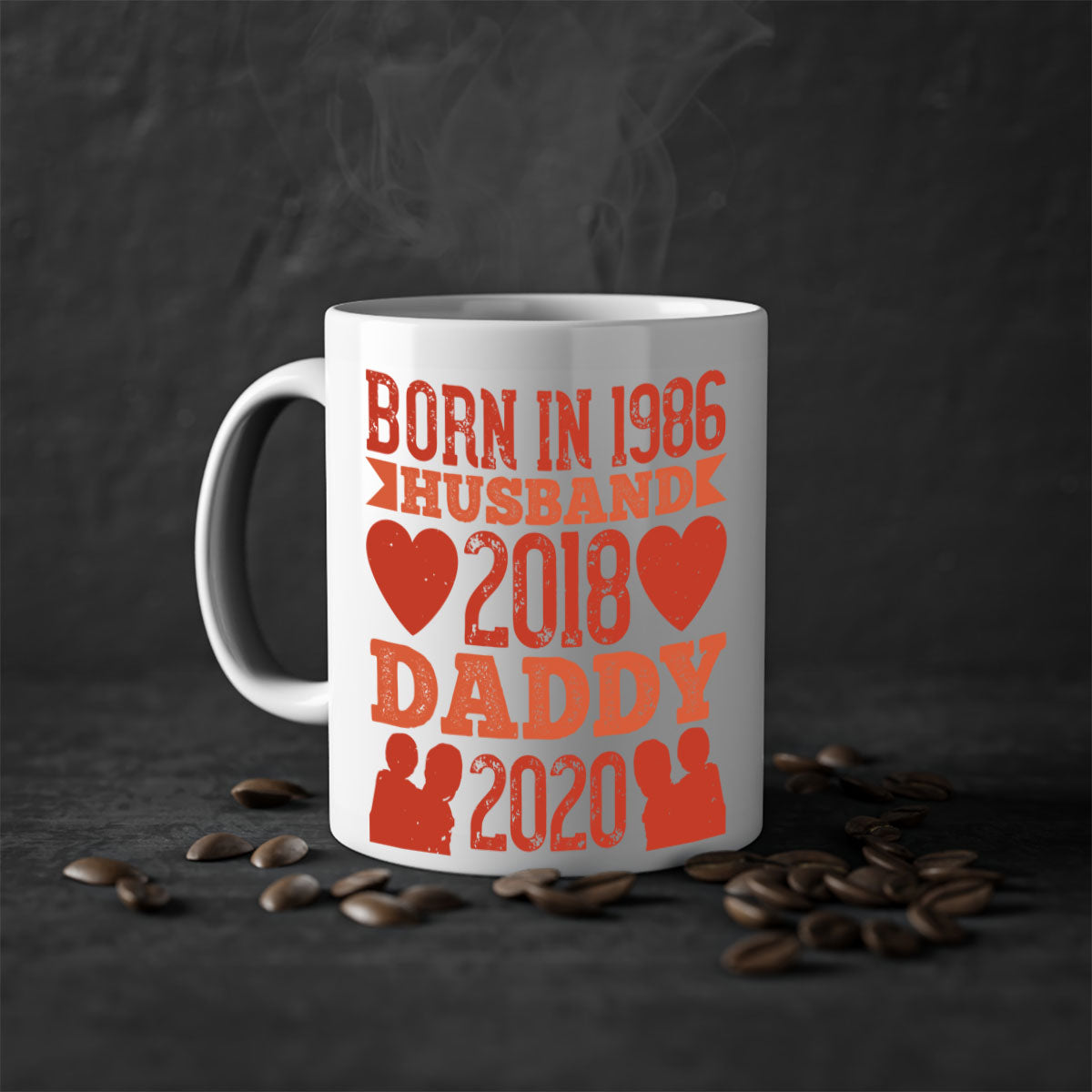 Two-tone 'Born in Husband Daddy' mug with colored handle and glossy finish, available in five colors.