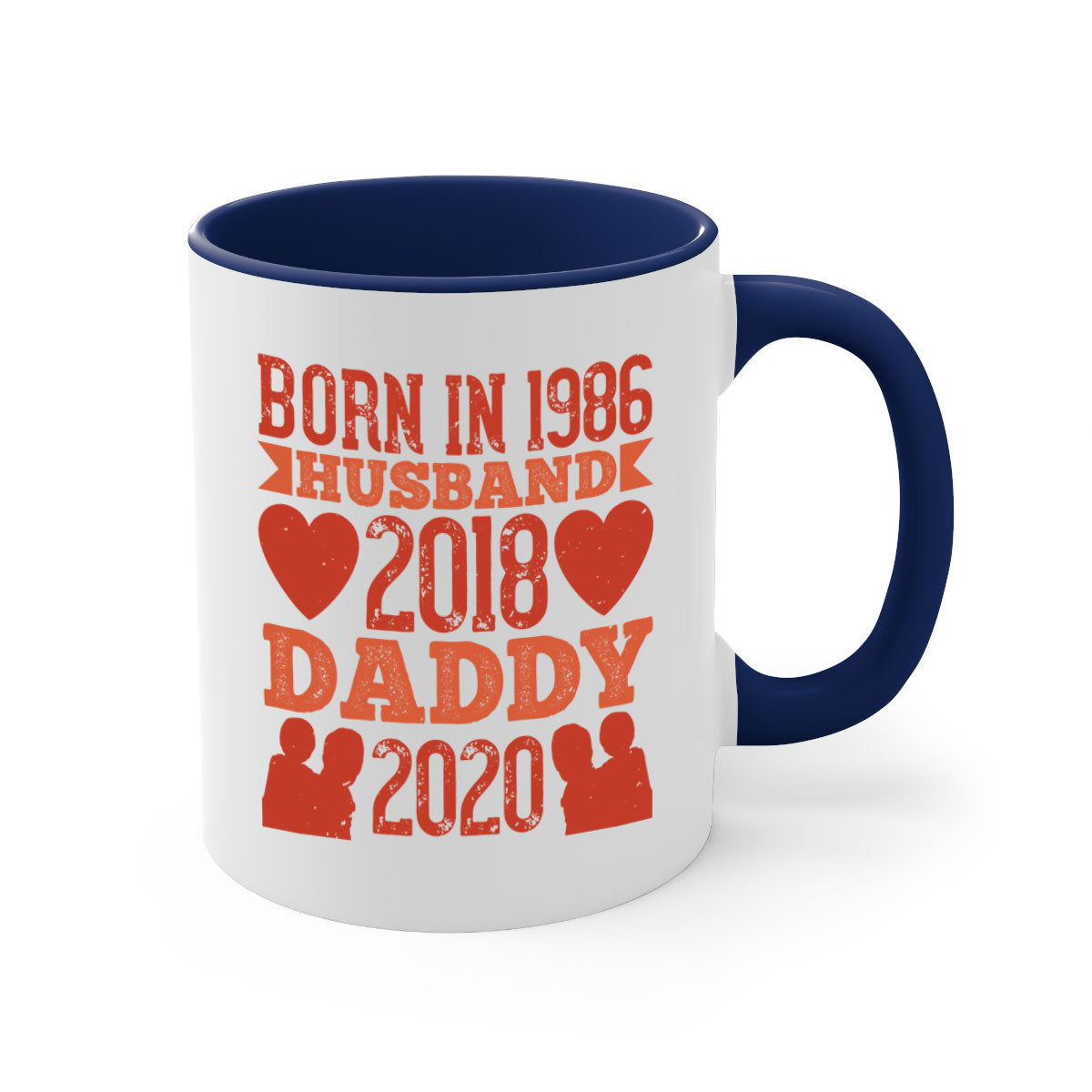 Two-tone 'Born in Husband Daddy' mug with colored handle and glossy finish, available in five colors.