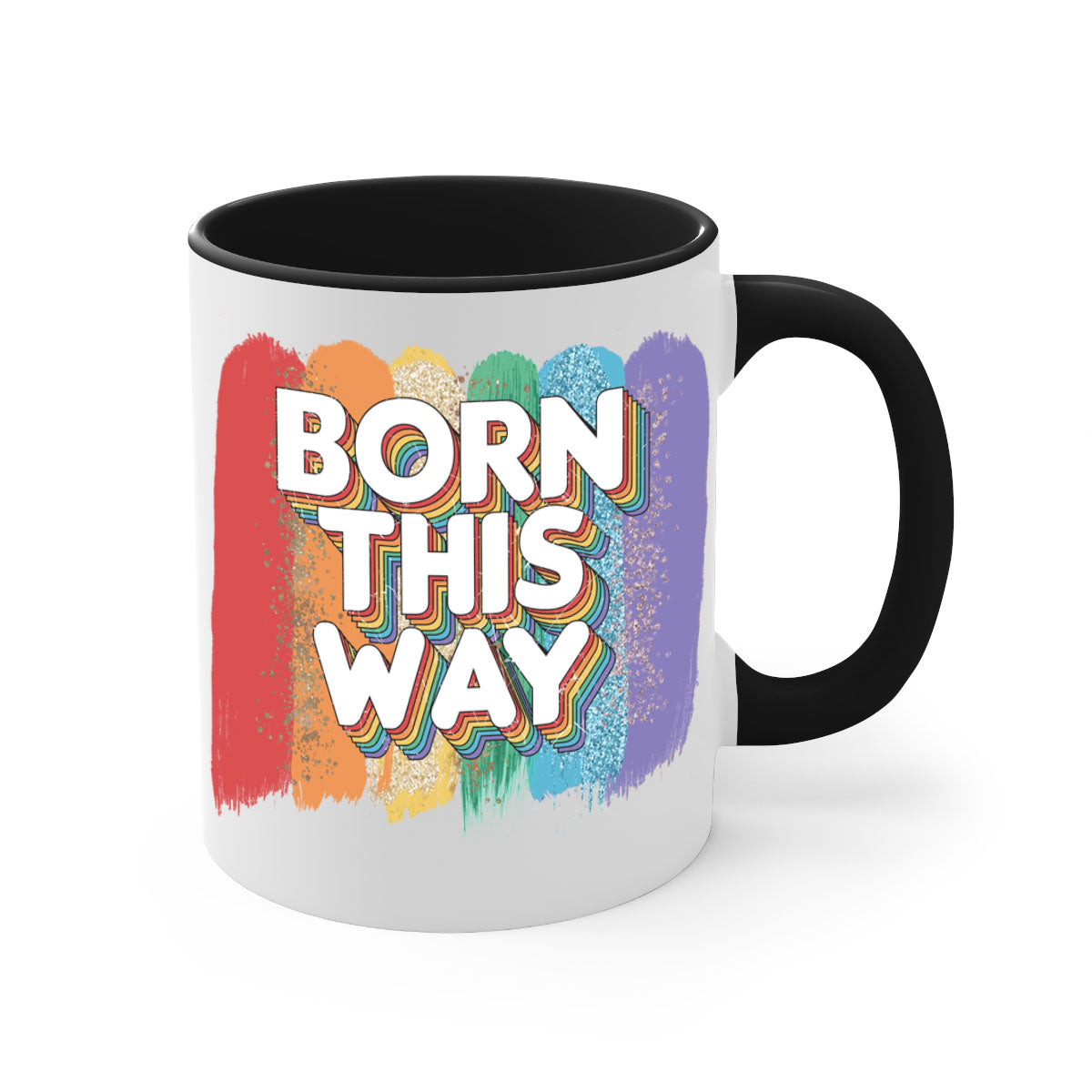 Born This Way LGBT Pride Mug with colorful handle and glossy finish, available in multiple colors and sizes.