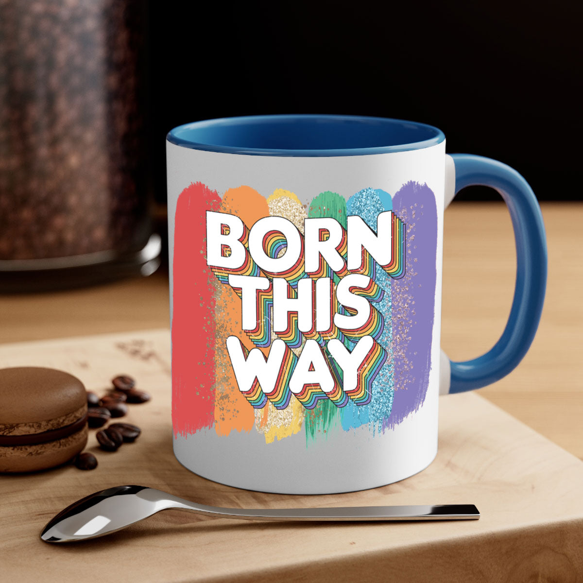 Born This Way LGBT Pride Mug with colorful handle and glossy finish, available in multiple colors and sizes.