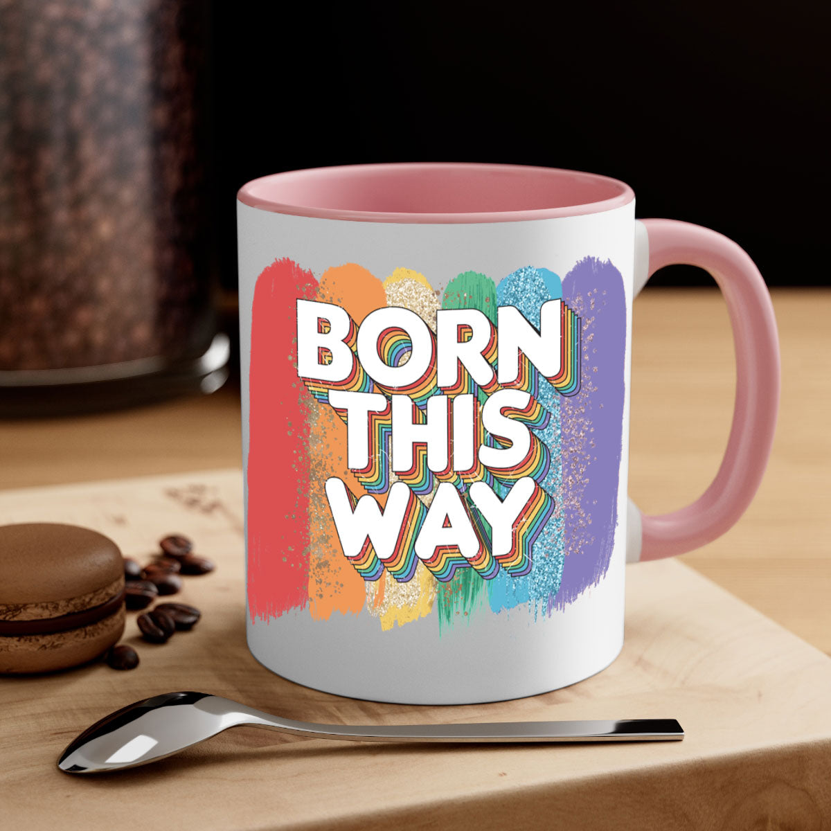 Born This Way LGBT Pride Mug with colorful handle and glossy finish, available in multiple colors and sizes.