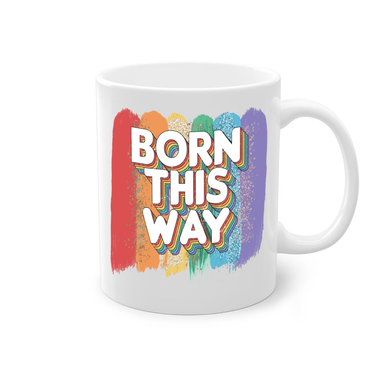 Born This Way LGBT Pride Mug with colorful handle and glossy finish, available in multiple colors and sizes.