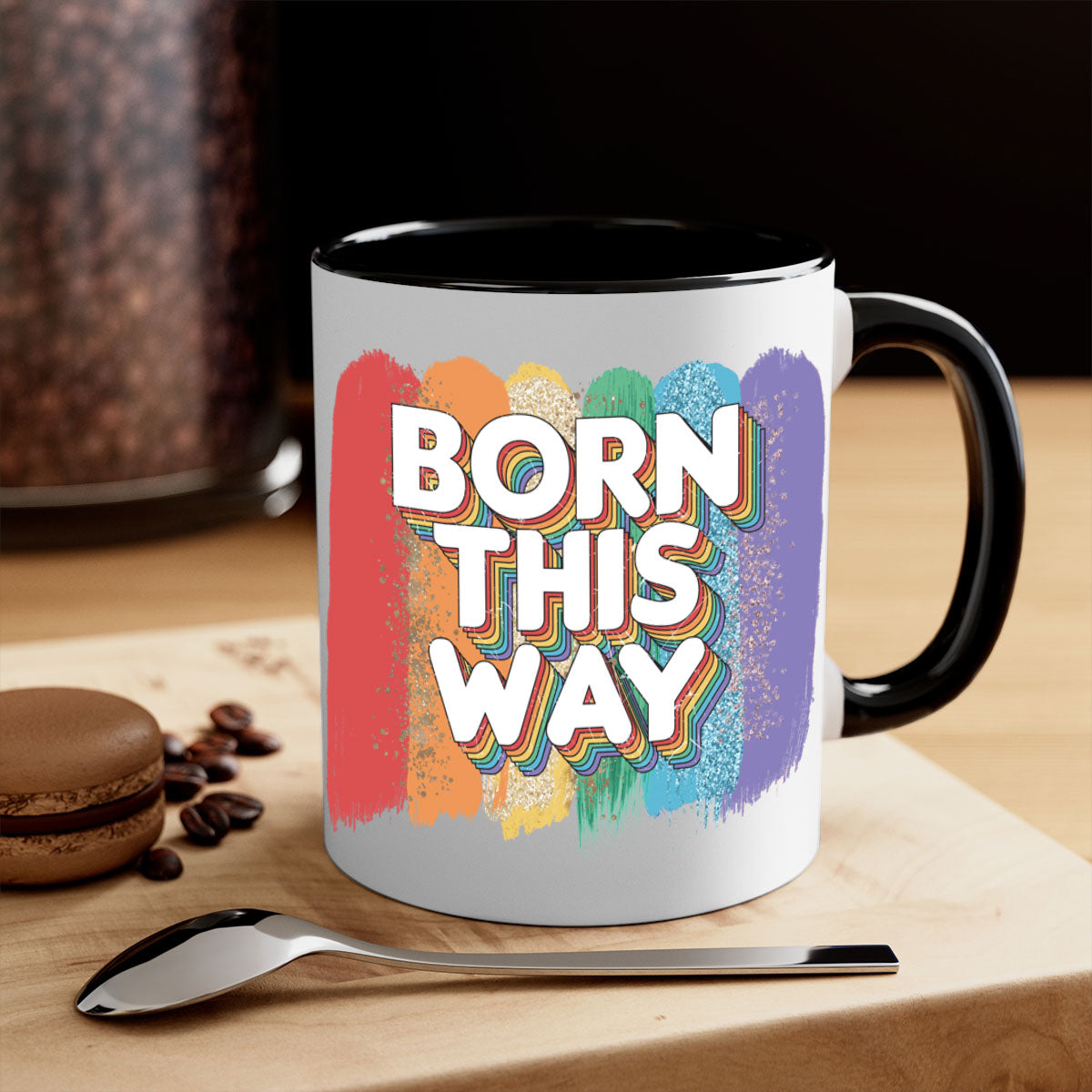 Born This Way LGBT Pride Mug with colorful handle and glossy finish, available in multiple colors and sizes.