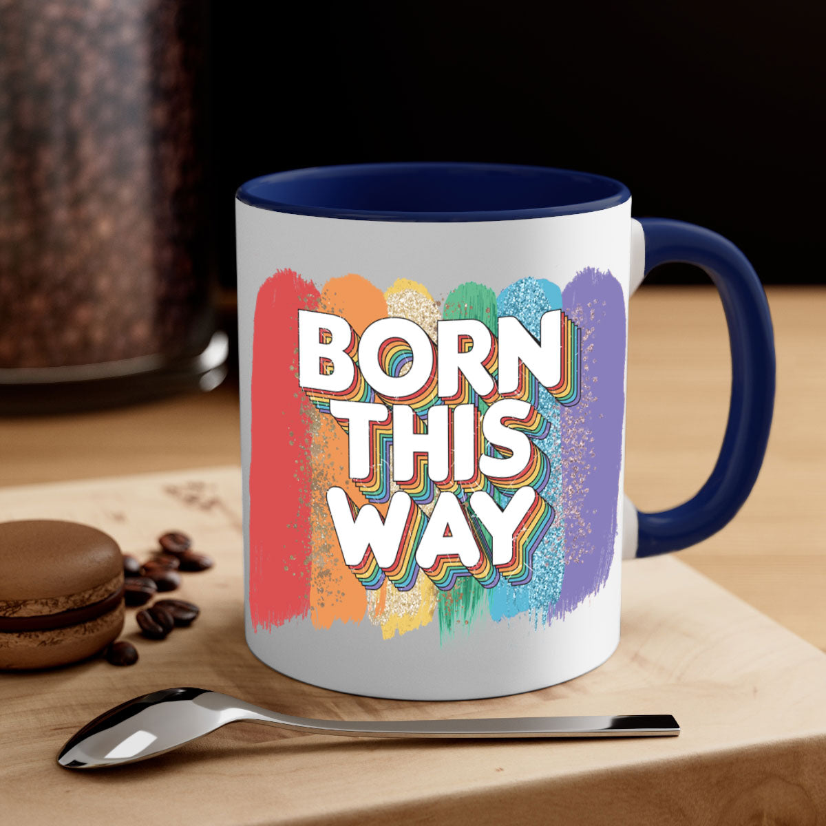 Born This Way LGBT Pride Mug with colorful handle and glossy finish, available in multiple colors and sizes.