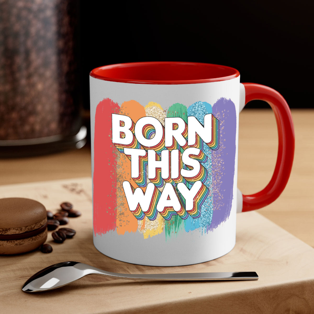 Born This Way LGBT Pride Mug with colorful handle and glossy finish, available in multiple colors and sizes.