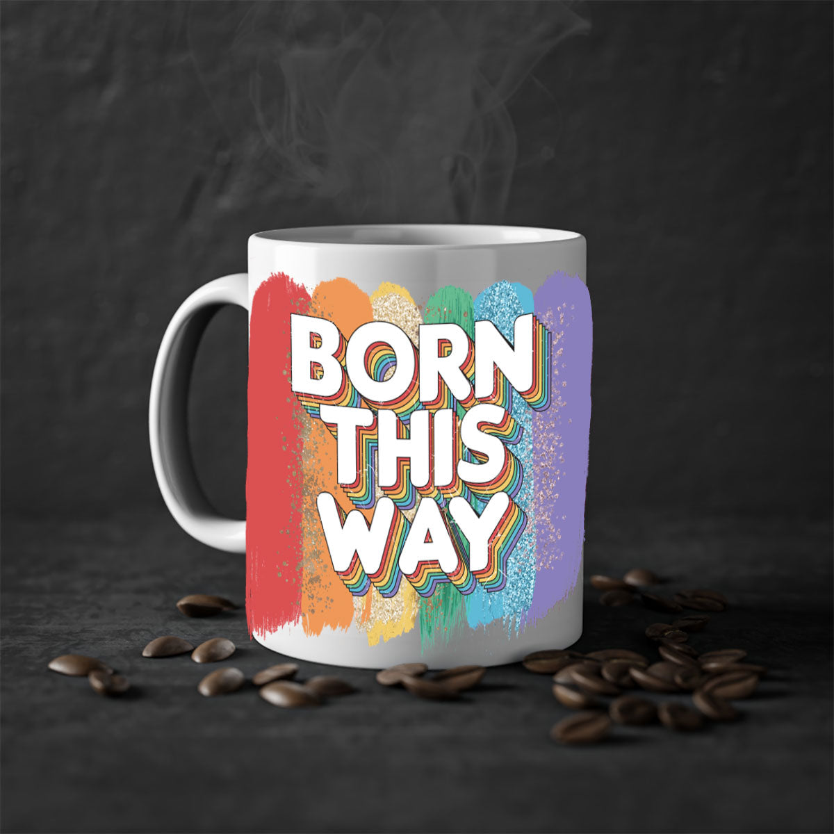 Born This Way LGBT Pride Mug with colorful handle and glossy finish, available in multiple colors and sizes.