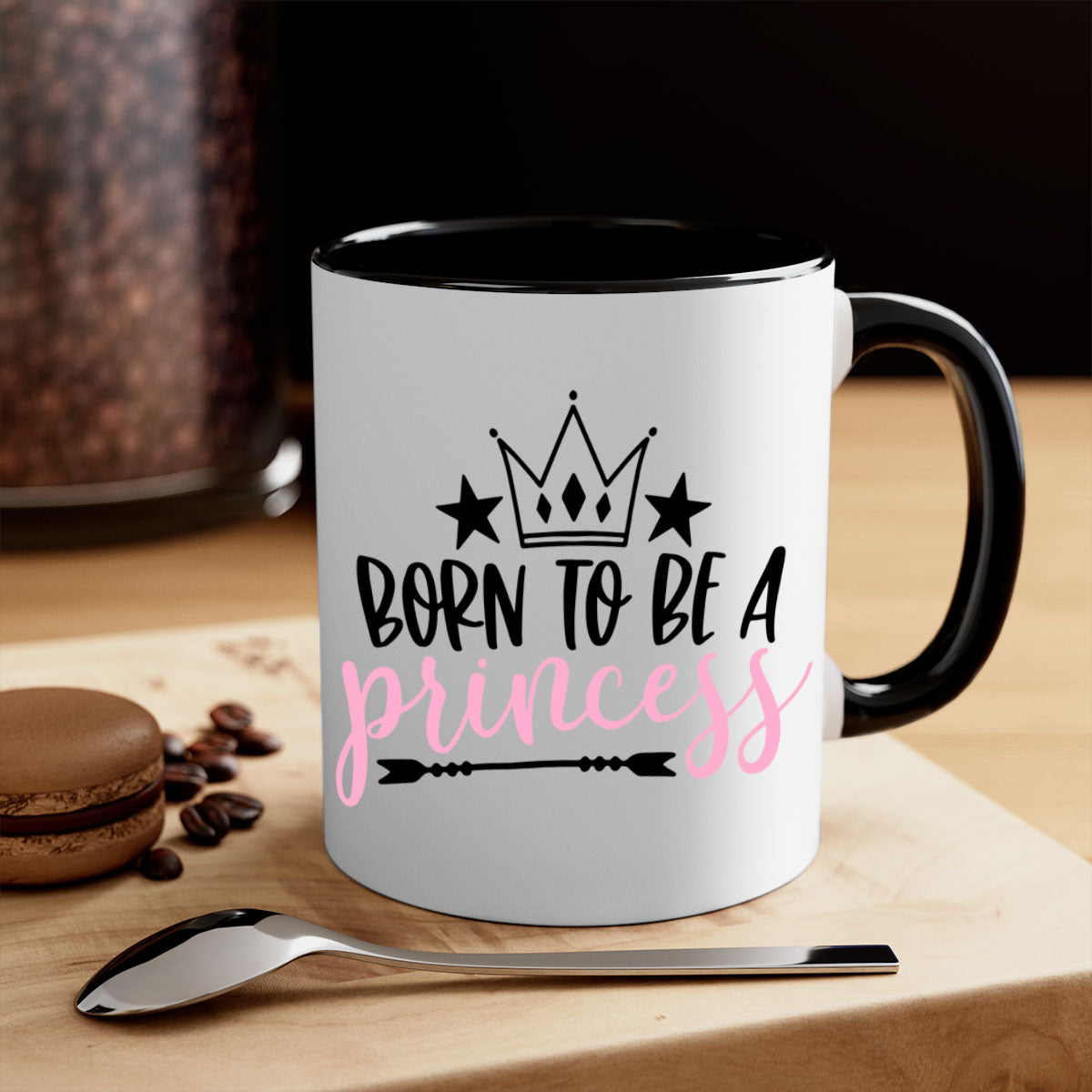 Born To Be A Princess Style 110# Mug featuring a glossy finish, colored handle, and interior, available in multiple colors.