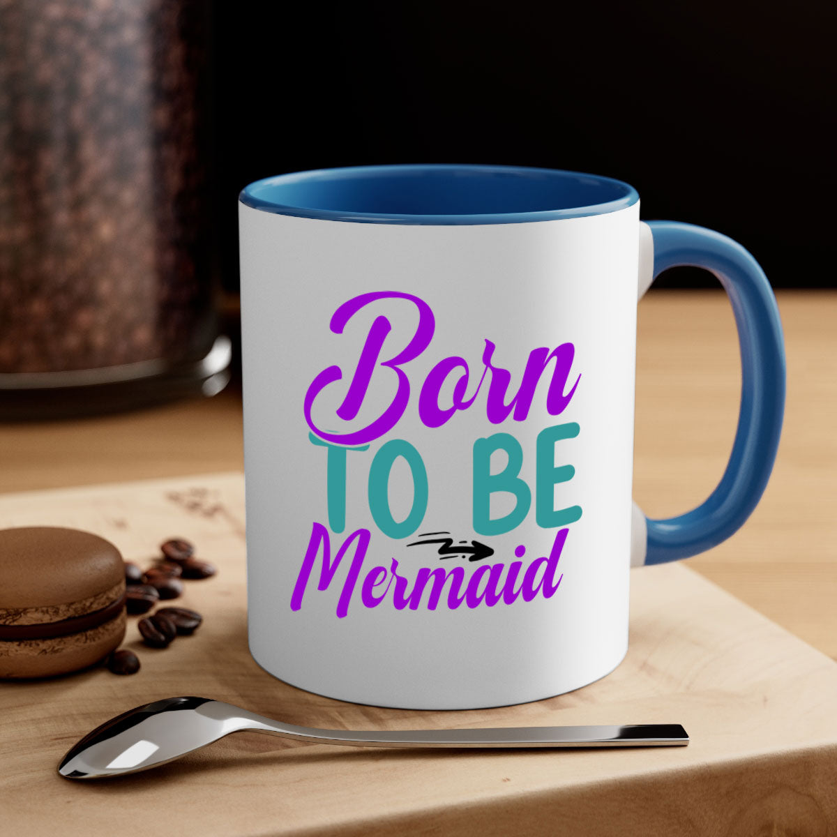 Born To Be Mermaid Mug featuring a glossy finish, colorful handle, and interior, available in five vibrant colors.