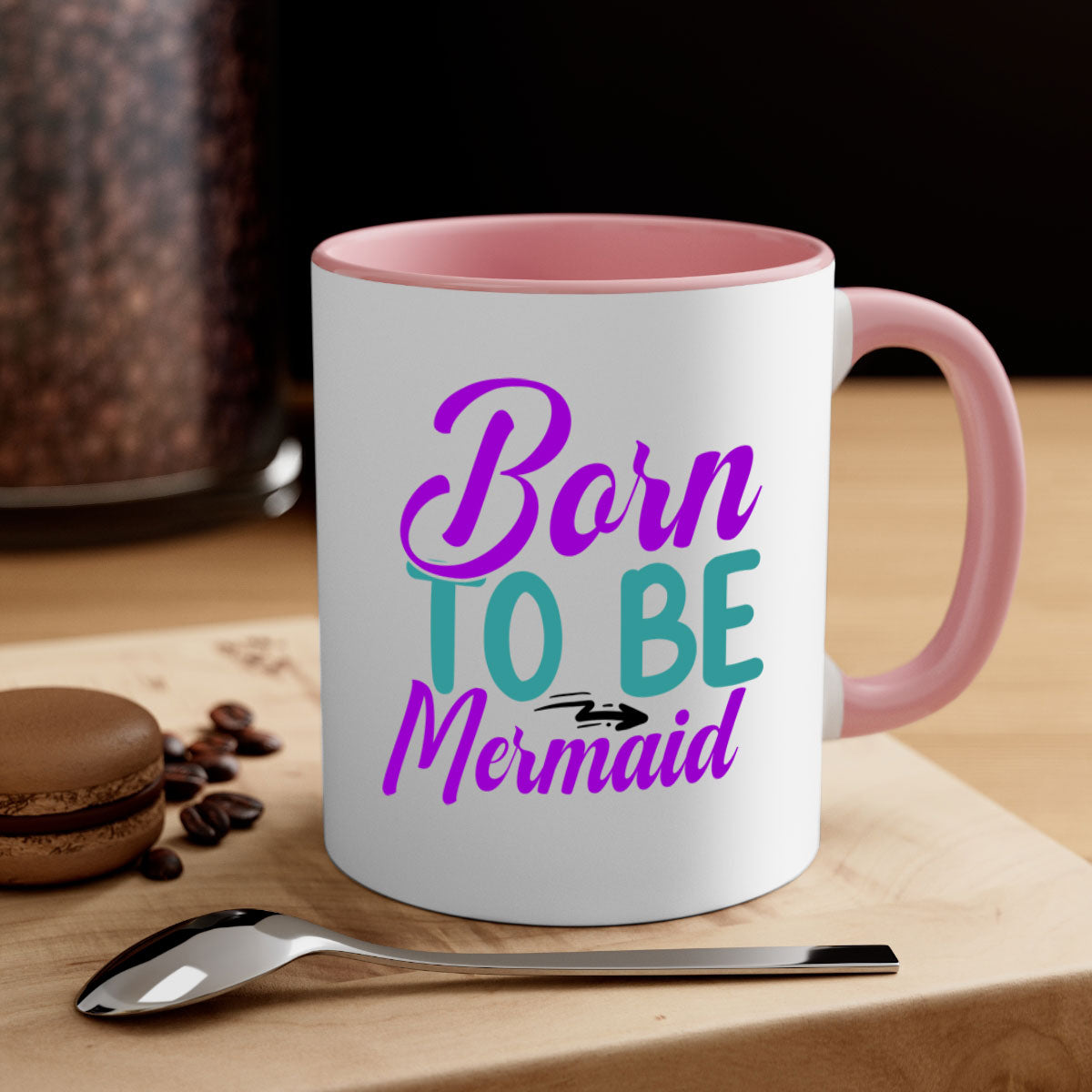 Born To Be Mermaid Mug featuring a glossy finish, colorful handle, and interior, available in five vibrant colors.