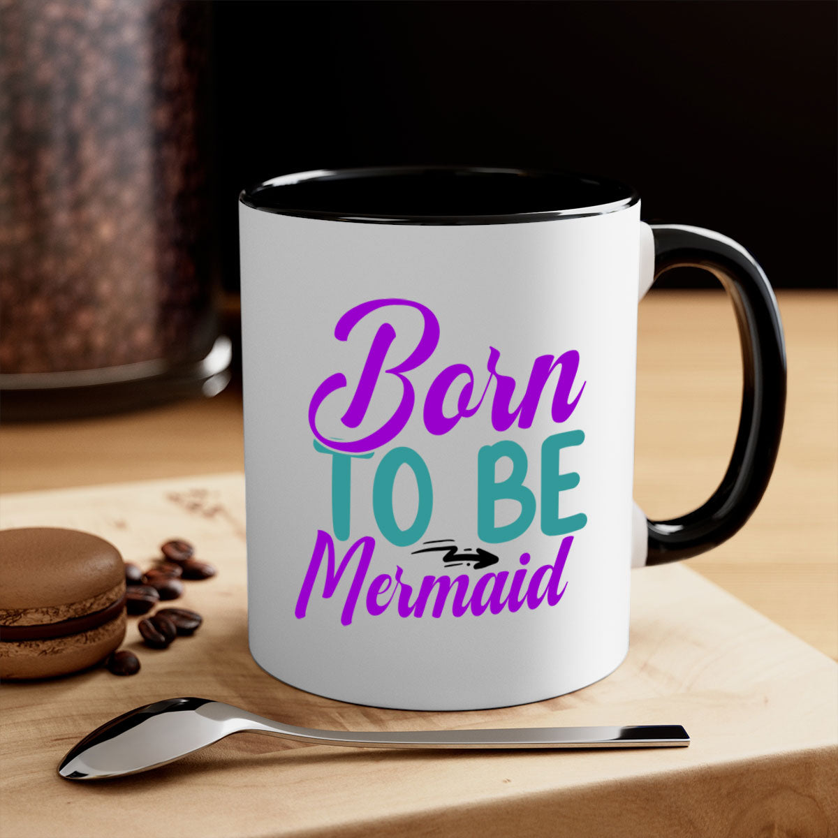 Born To Be Mermaid Mug featuring a glossy finish, colorful handle, and interior, available in five vibrant colors.