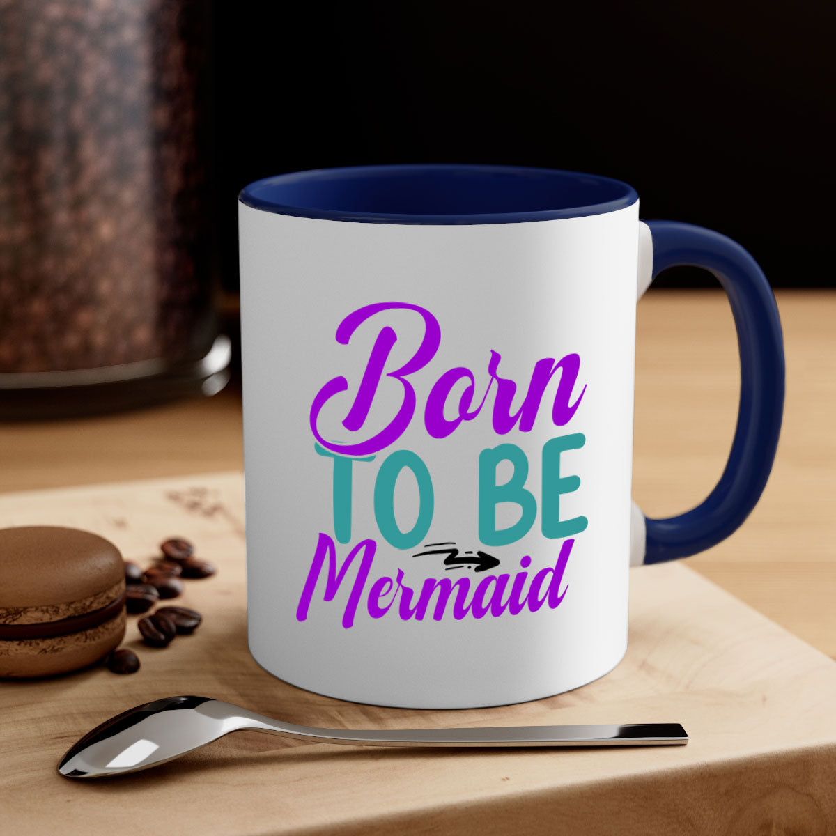 Born To Be Mermaid Mug featuring a glossy finish, colorful handle, and interior, available in five vibrant colors.