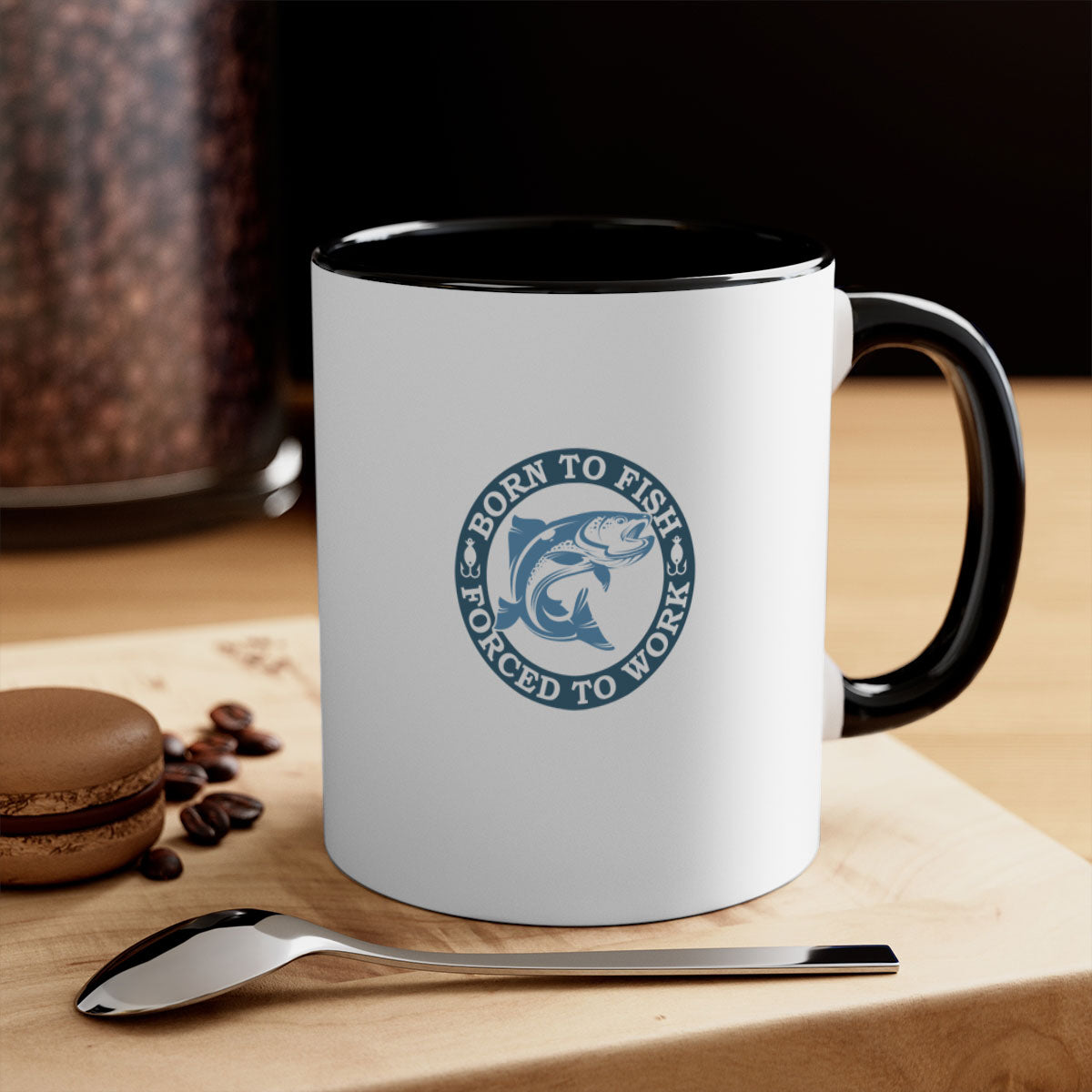 Born to Fish 178# Mug featuring a glossy finish, colored handle, and interior, available in five vibrant colors.