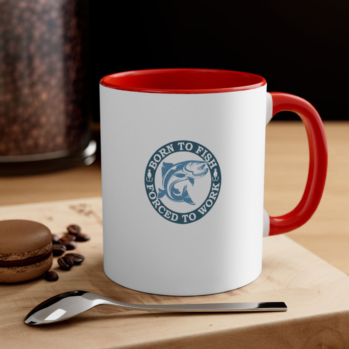 Born to Fish 178# Mug featuring a glossy finish, colored handle, and interior, available in five vibrant colors.