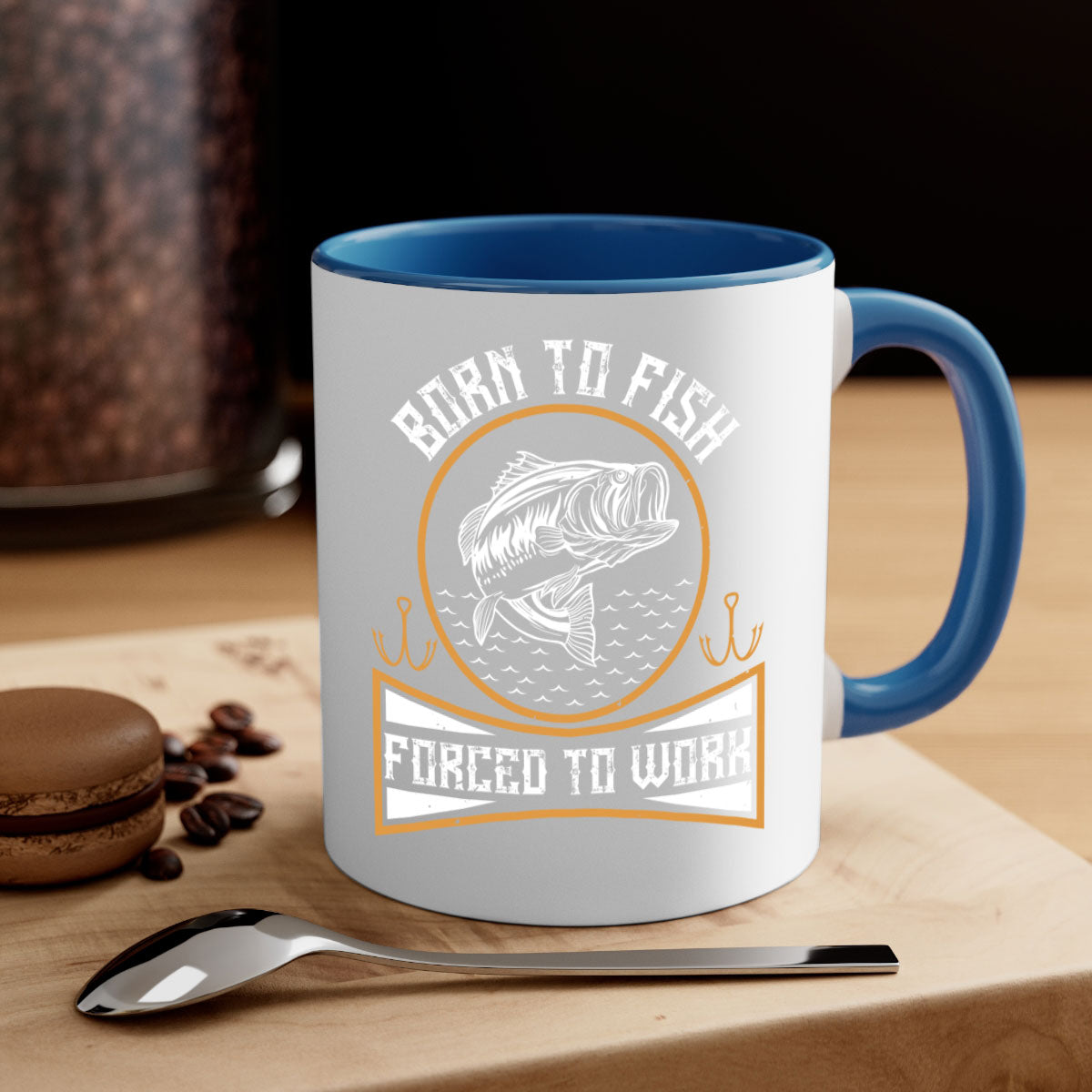 Born to Fish Forced to Work 256# Mug with colorful handle and glossy finish, perfect for coffee and tea lovers.