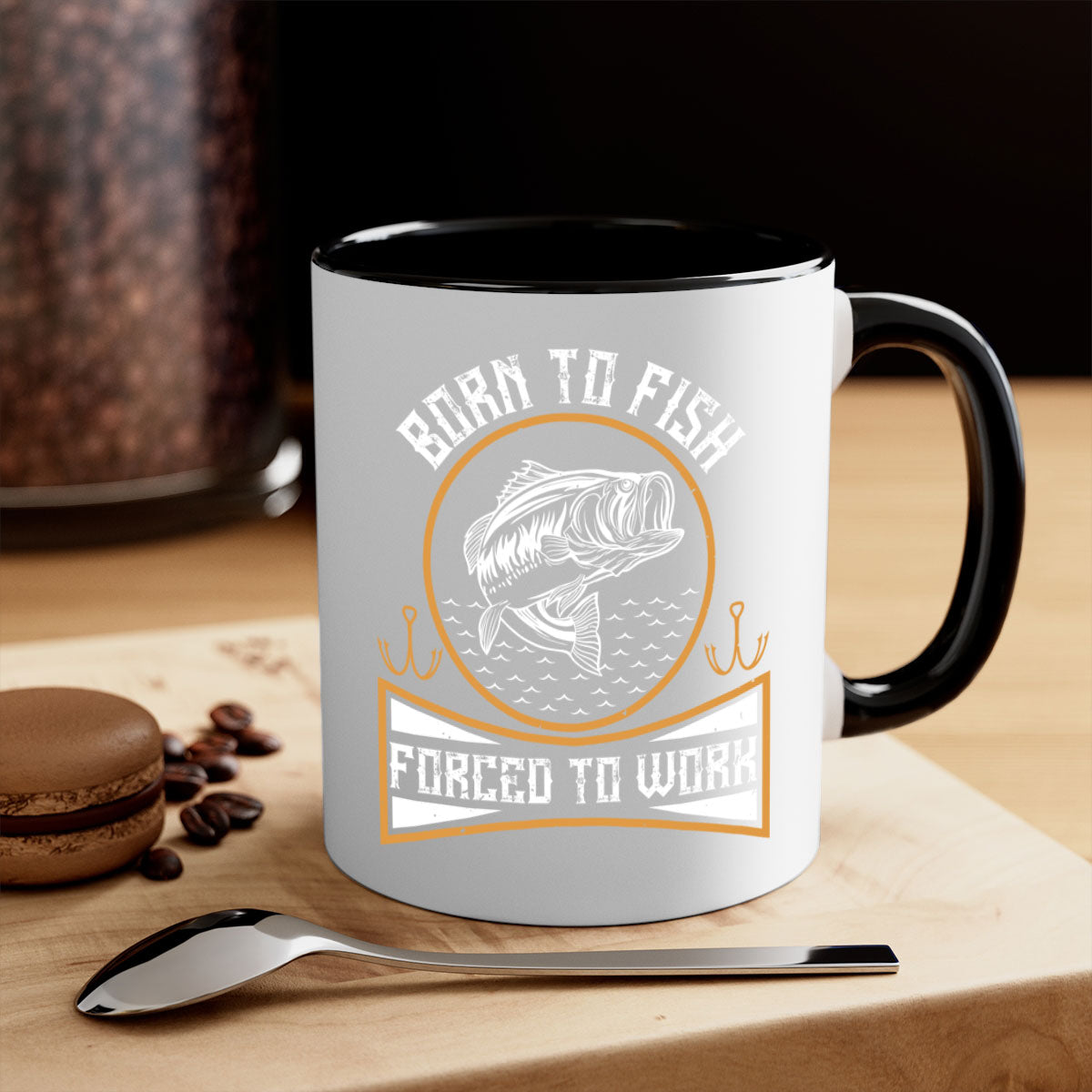 Born to Fish Forced to Work 256# Mug with colorful handle and glossy finish, perfect for coffee and tea lovers.