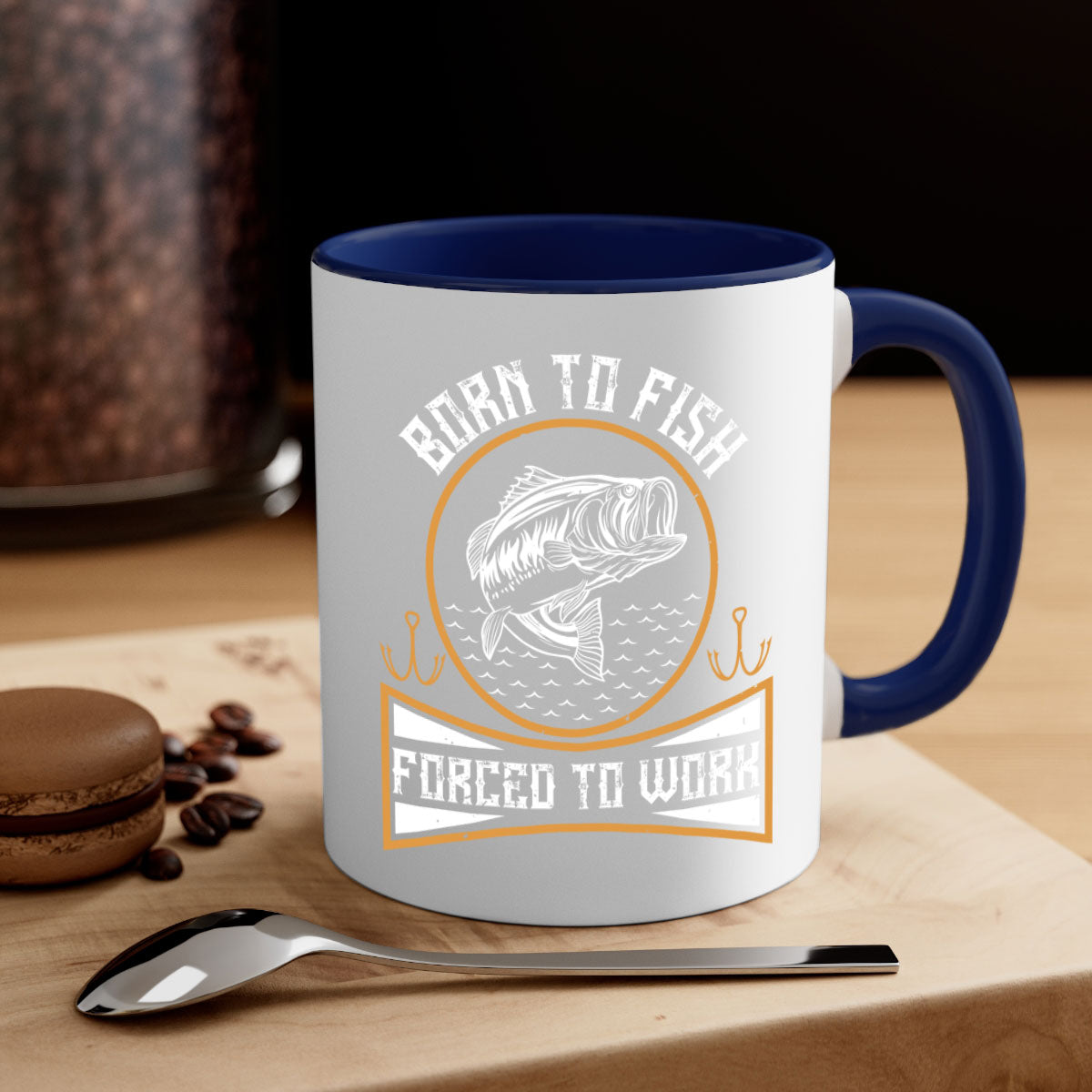 Born to Fish Forced to Work 256# Mug with colorful handle and glossy finish, perfect for coffee and tea lovers.