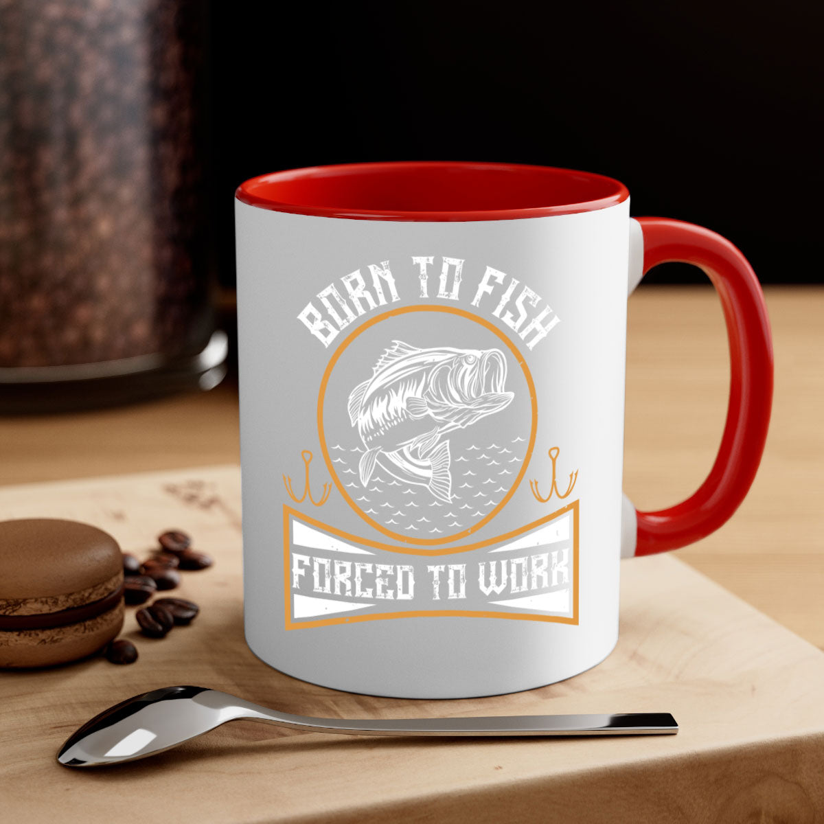 Born to Fish Forced to Work 256# Mug with colorful handle and glossy finish, perfect for coffee and tea lovers.