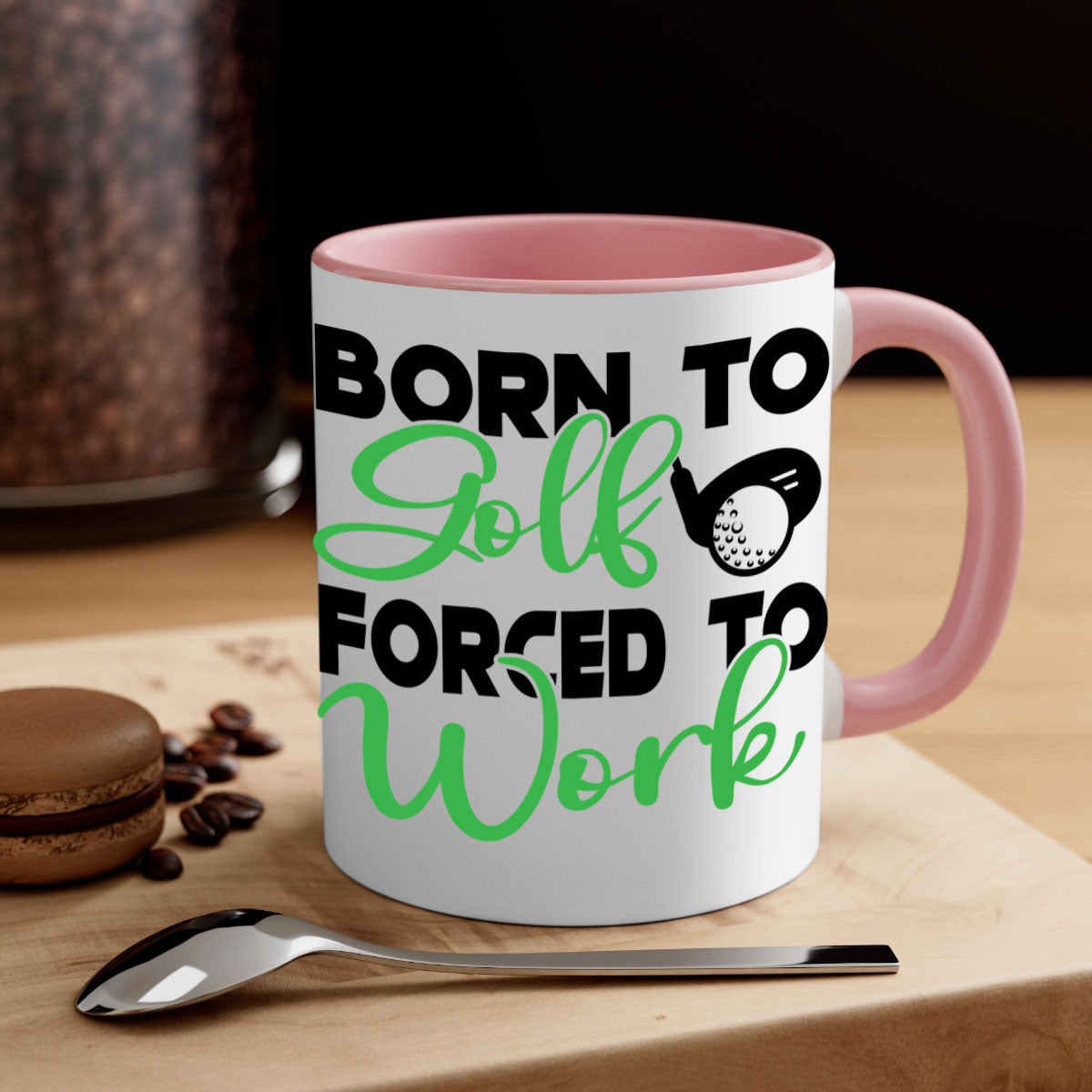 Born to Golf Forced to Work Mug with a two-tone design featuring a colored handle and glossy finish, perfect for coffee or tea.