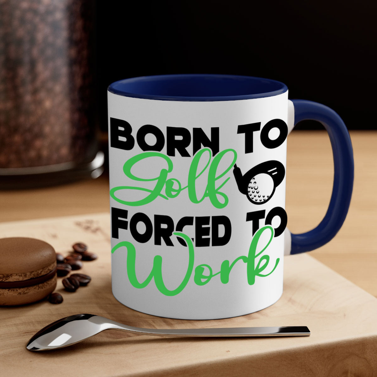 Born to Golf Forced to Work Mug with a two-tone design featuring a colored handle and glossy finish, perfect for coffee or tea.