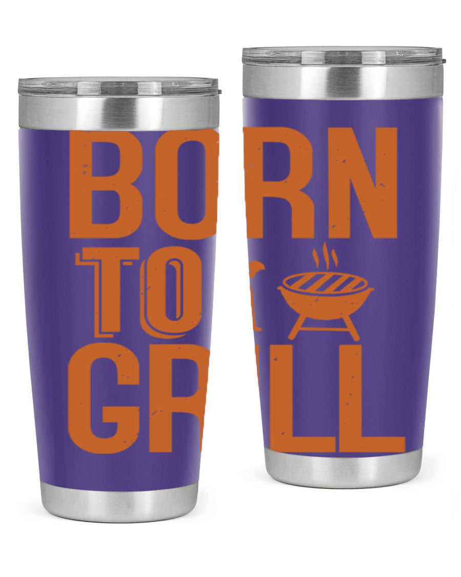 Born to Grill 20oz BBQ Tumbler in stainless steel with a drink-thru lid, showcasing its sleek design and insulation features.