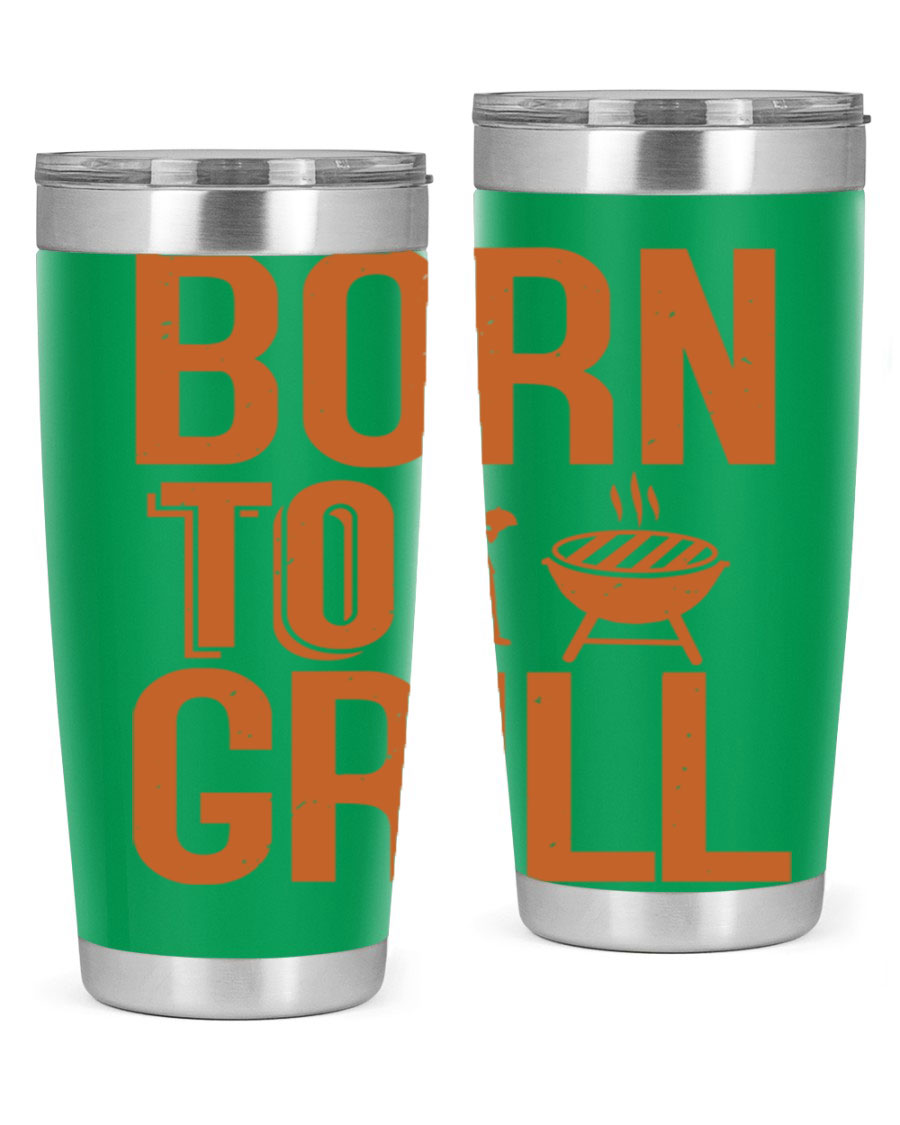 Born to Grill 20oz BBQ Tumbler in stainless steel with a drink-thru lid, showcasing its sleek design and insulation features.