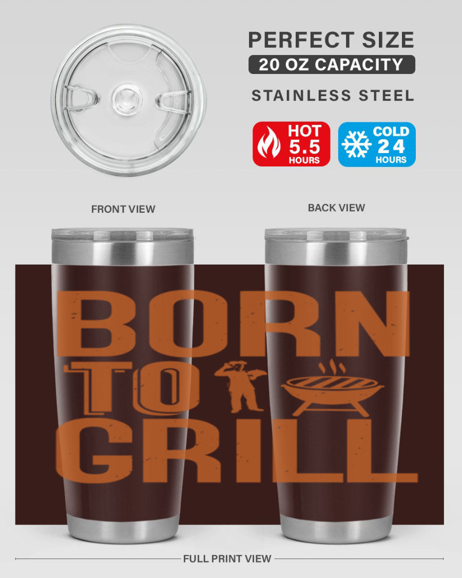 Born to Grill 20oz BBQ Tumbler in stainless steel with a drink-thru lid, showcasing its sleek design and insulation features.