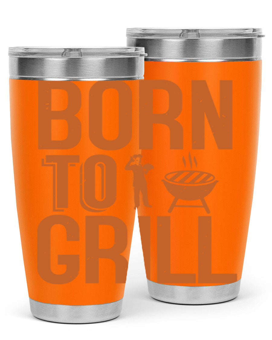 Born to Grill 20oz BBQ Tumbler in stainless steel with a drink-thru lid, showcasing its sleek design and insulation features.