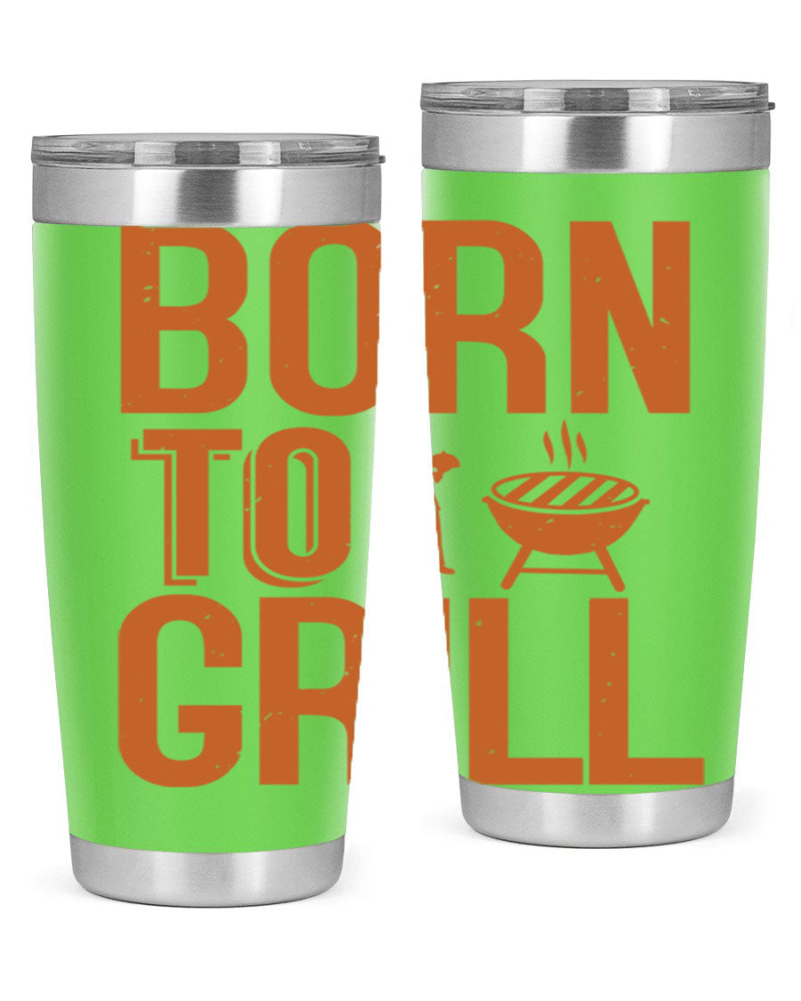 Born to Grill 20oz BBQ Tumbler in stainless steel with a drink-thru lid, showcasing its sleek design and insulation features.