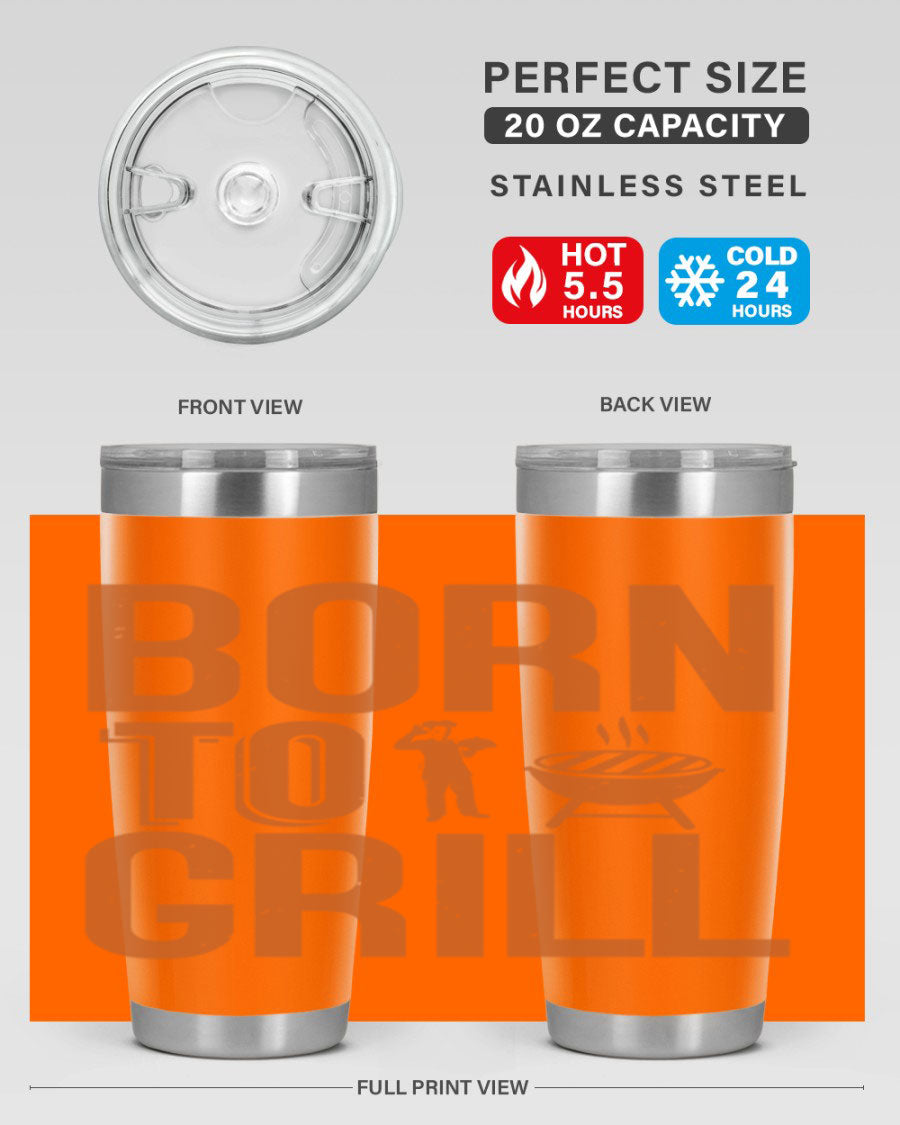 Born to Grill 20oz BBQ Tumbler in stainless steel with a drink-thru lid, showcasing its sleek design and insulation features.