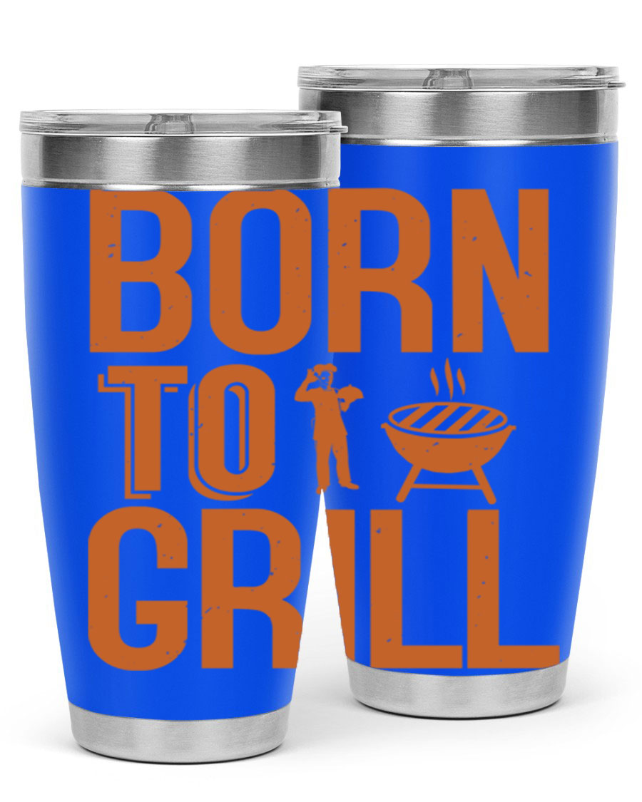 Born to Grill 20oz BBQ Tumbler in stainless steel with a drink-thru lid, showcasing its sleek design and insulation features.