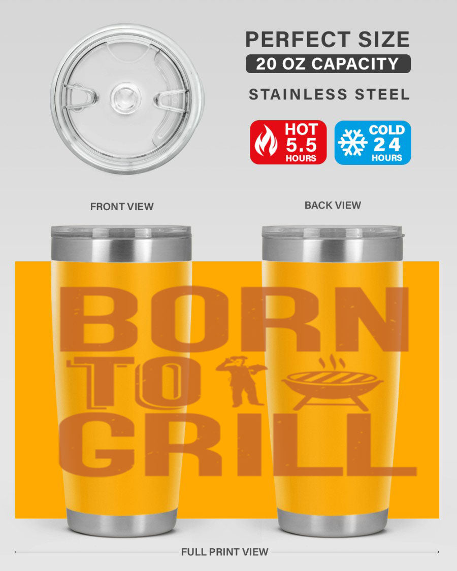 Born to Grill 20oz BBQ Tumbler in stainless steel with a drink-thru lid, showcasing its sleek design and insulation features.