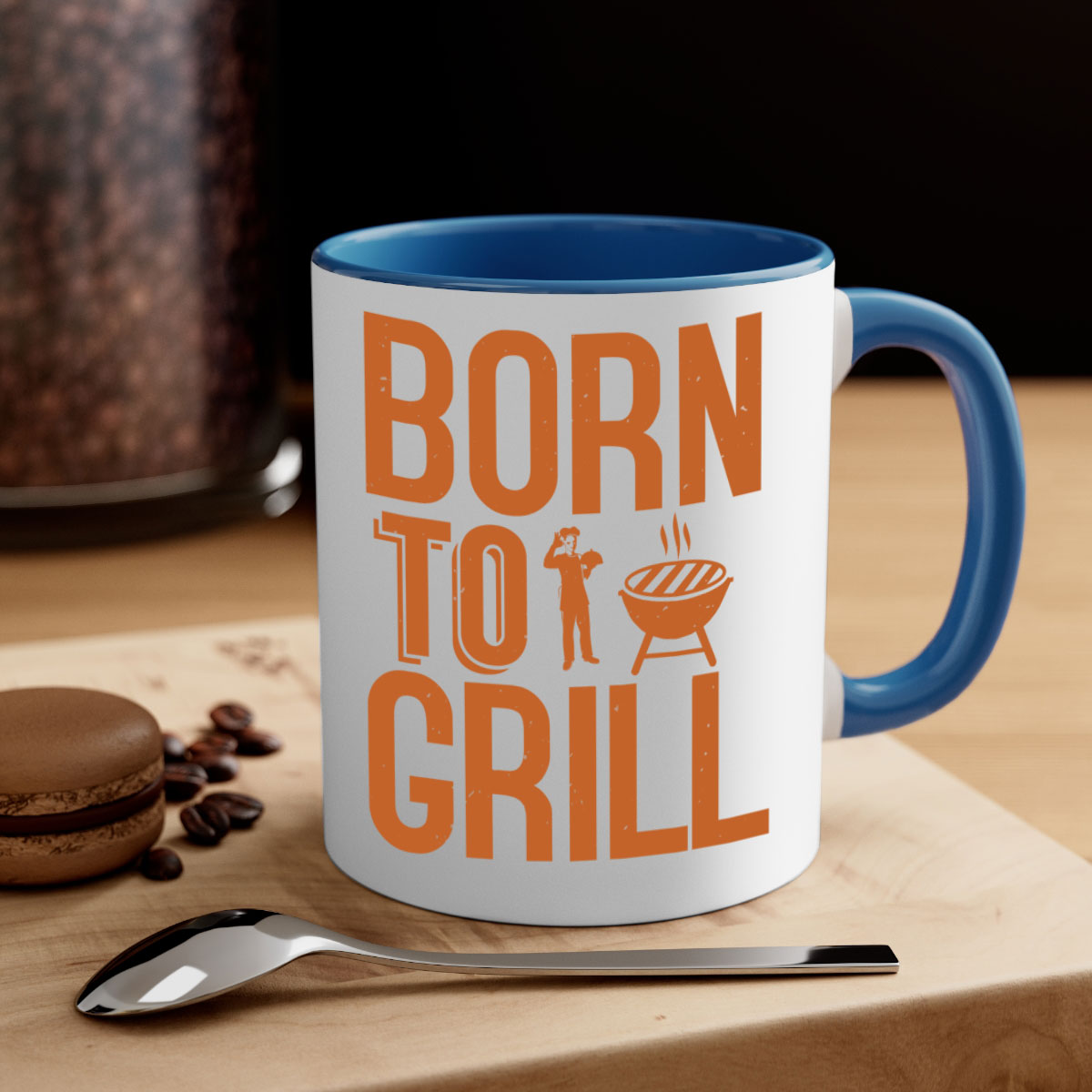 Born to Grill BBQ Mug with colorful handle and glossy finish, available in multiple colors and sizes.