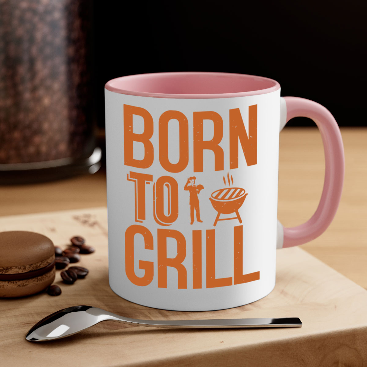 Born to Grill BBQ Mug with colorful handle and glossy finish, available in multiple colors and sizes.