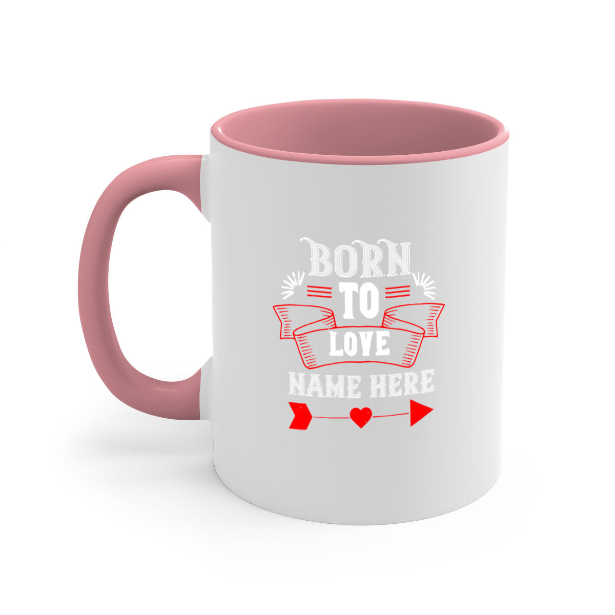 A stylish two-tone 'Born to Love' mug with a colored handle and glossy finish, perfect for Valentine's Day.