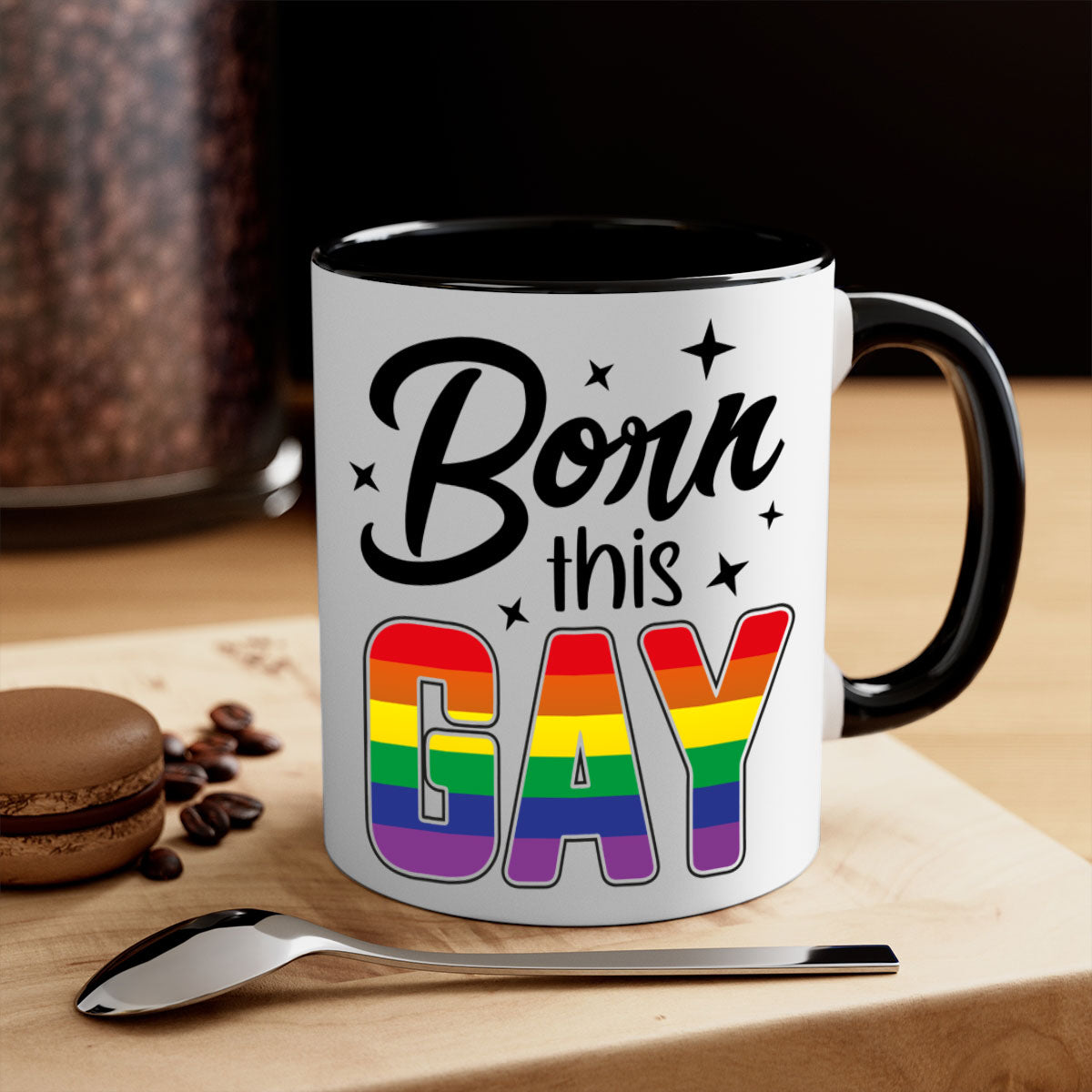 A stylish bornthisgay 154# Mug featuring a glossy finish, colored handle, and interior, available in five vibrant colors.