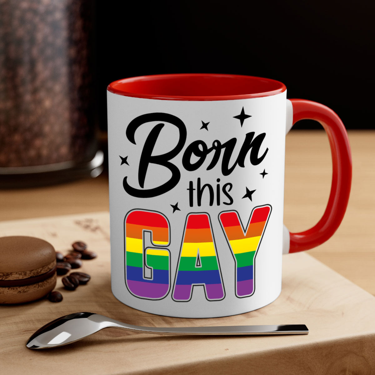 A stylish bornthisgay 154# Mug featuring a glossy finish, colored handle, and interior, available in five vibrant colors.