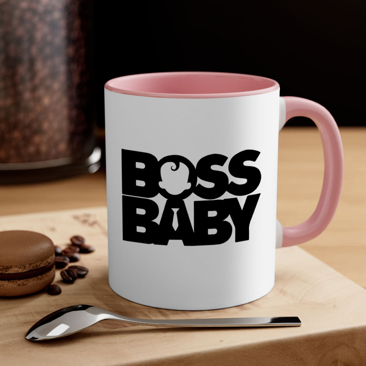 Boss Baby On Board Mug featuring black phrases on a glossy ceramic surface with a colored handle and interior.