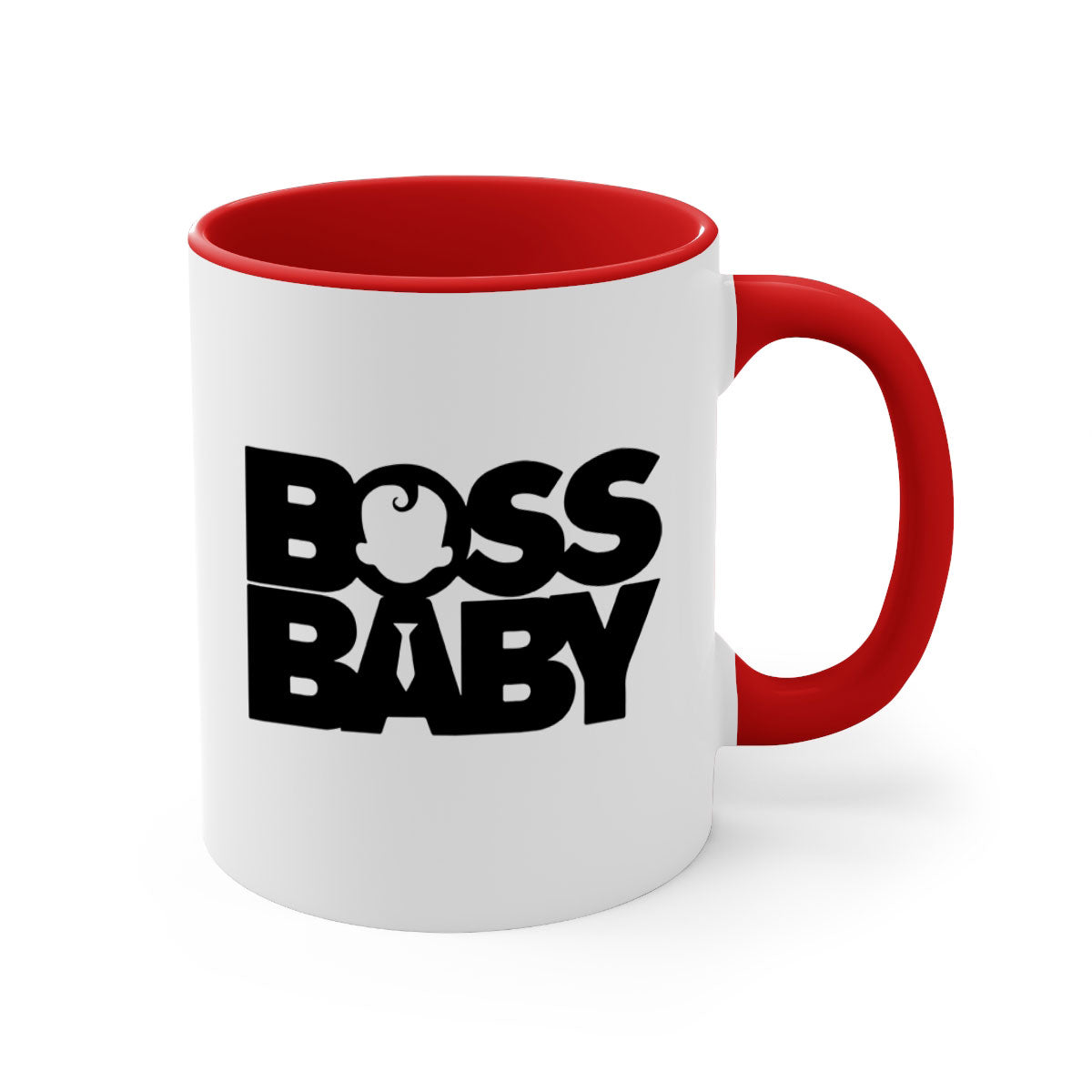 Boss Baby On Board Mug featuring black phrases on a glossy ceramic surface with a colored handle and interior.