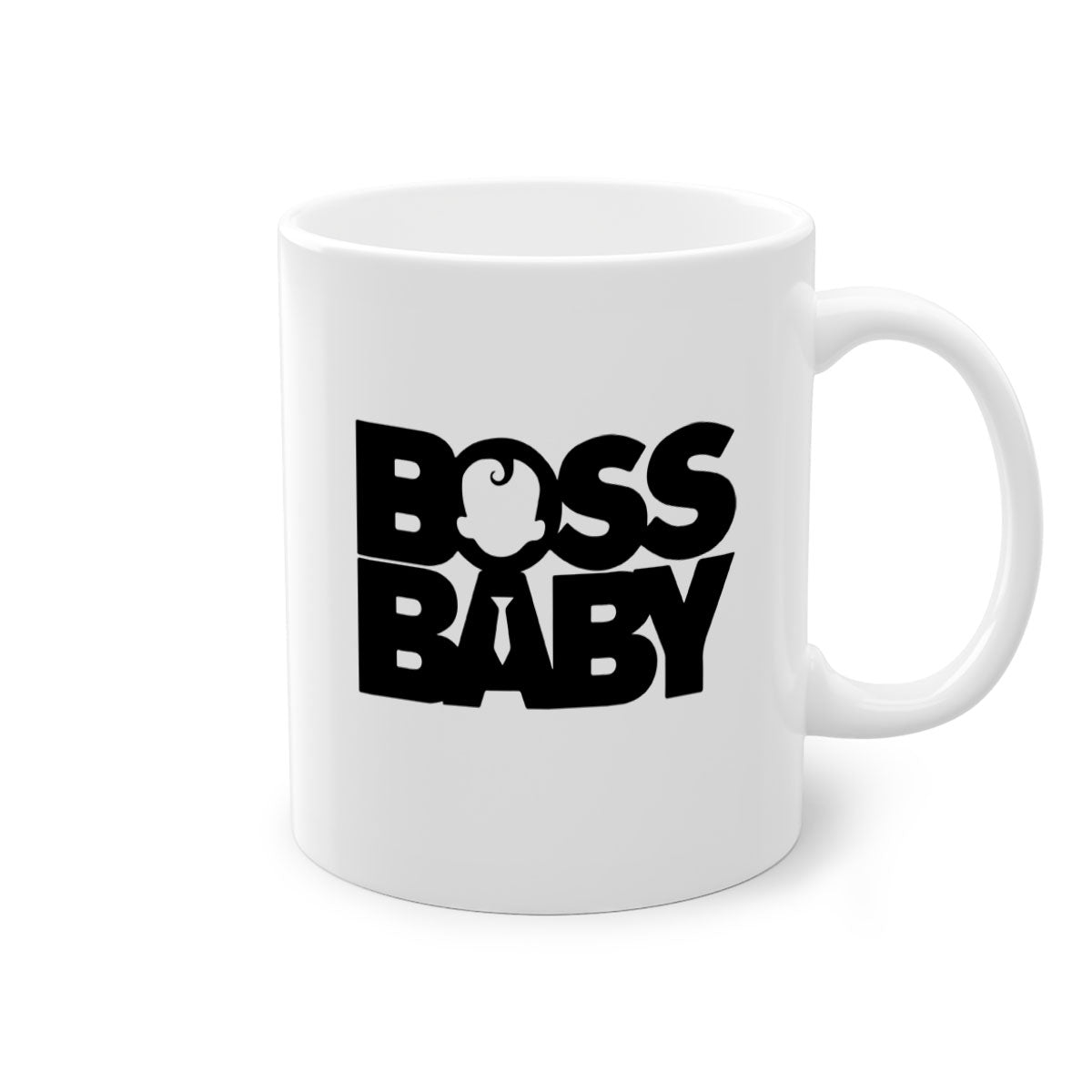 Boss Baby On Board Mug featuring black phrases on a glossy ceramic surface with a colored handle and interior.