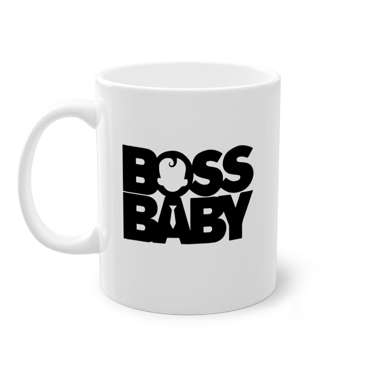 Boss Baby On Board Mug featuring black phrases on a glossy ceramic surface with a colored handle and interior.