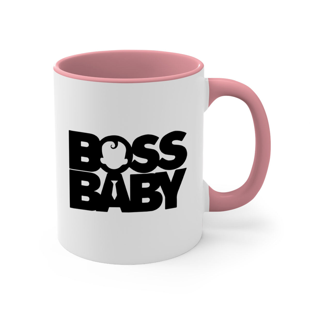 Boss Baby On Board Mug featuring black phrases on a glossy ceramic surface with a colored handle and interior.