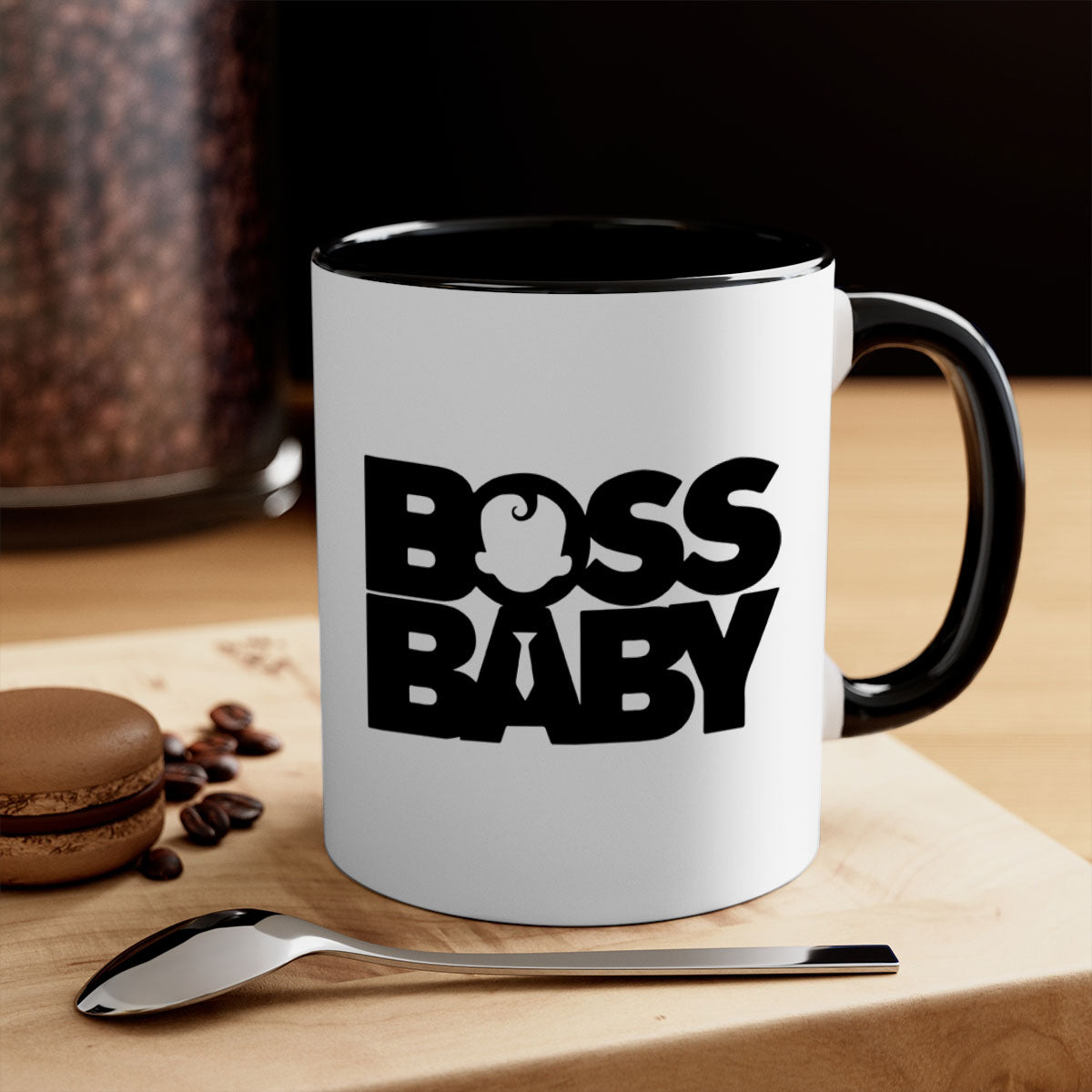 Boss Baby On Board Mug featuring black phrases on a glossy ceramic surface with a colored handle and interior.